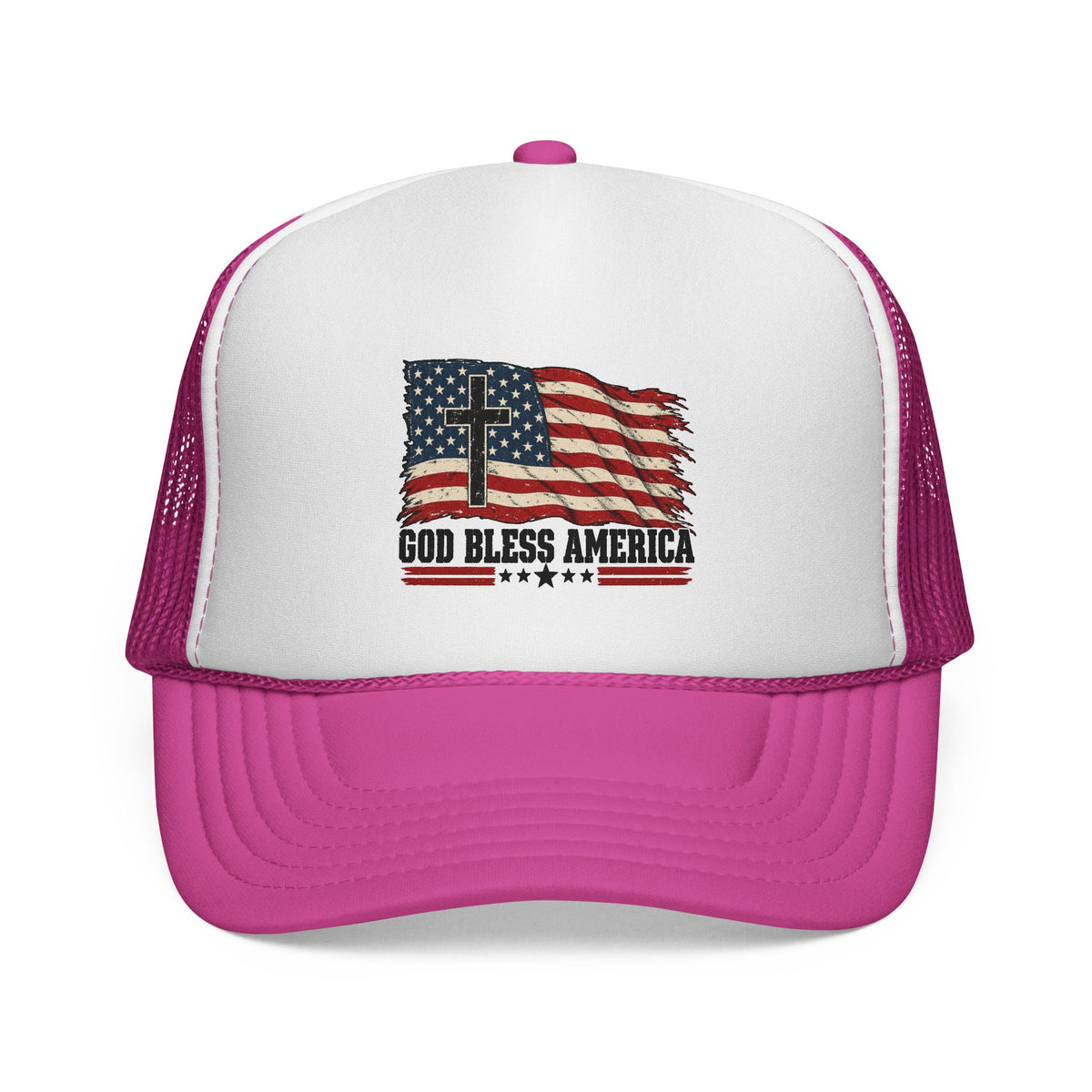 God Bless America Trucker Hat — Patriotic Flag & Cross Mesh Hat