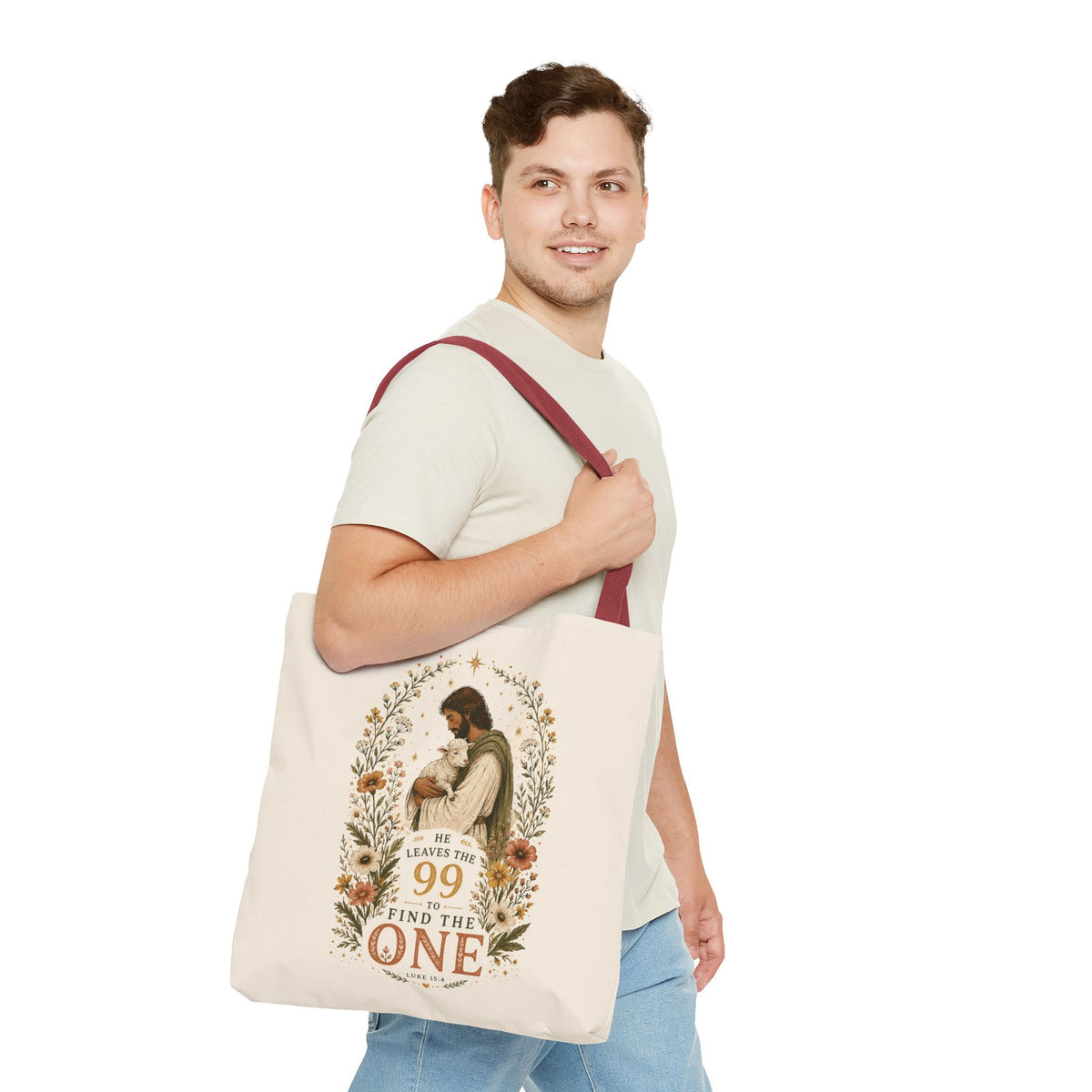 Jesus Shepherd Tote Bag — "He Leaves the 99 to Find the One" Floral Faith Tote