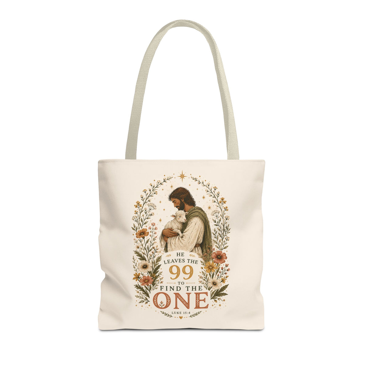 Jesus Shepherd Tote Bag — "He Leaves the 99 to Find the One" Floral Faith Tote