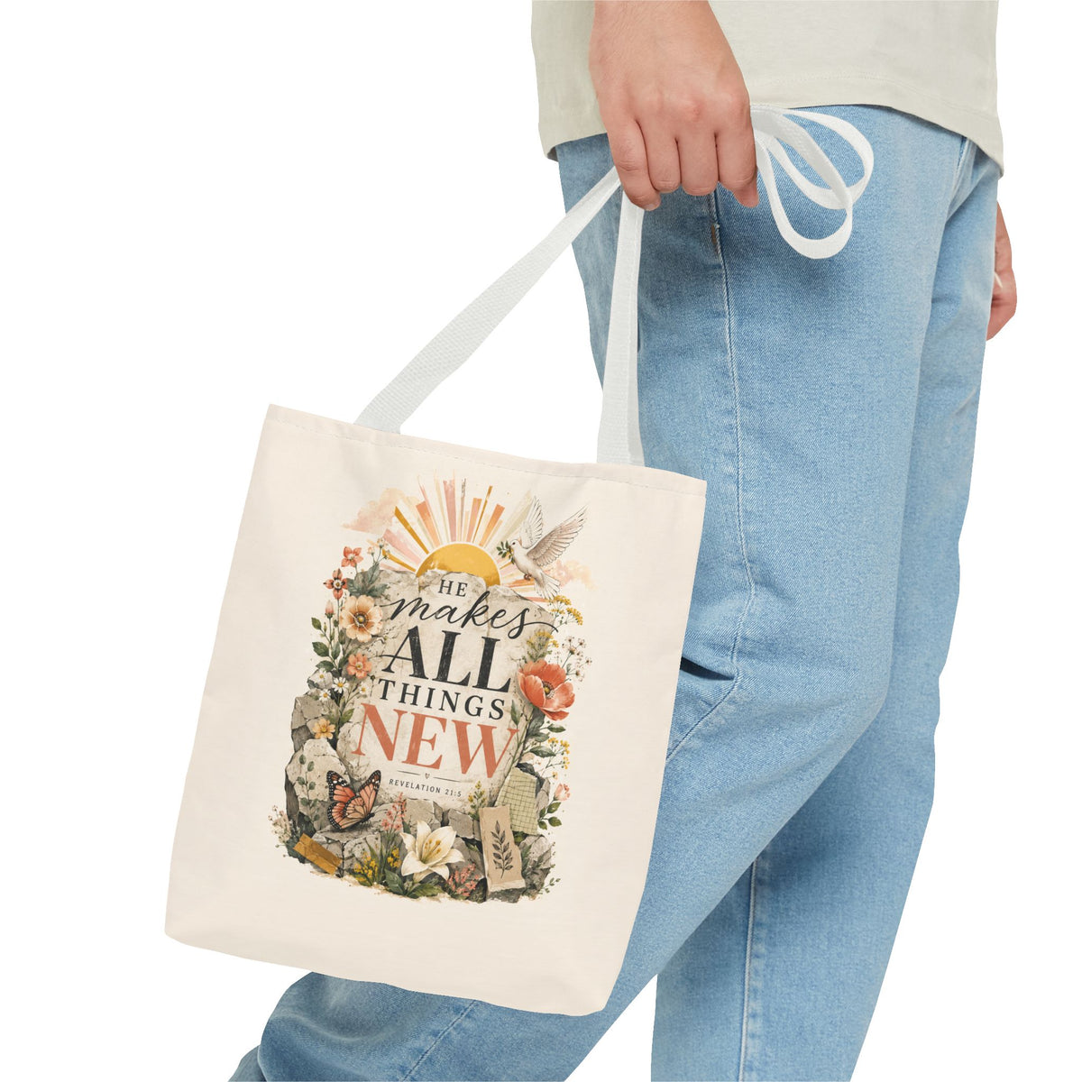 Scriptural Floral Tote Bag — “He Makes All Things New” Inspirational Canvas Tote