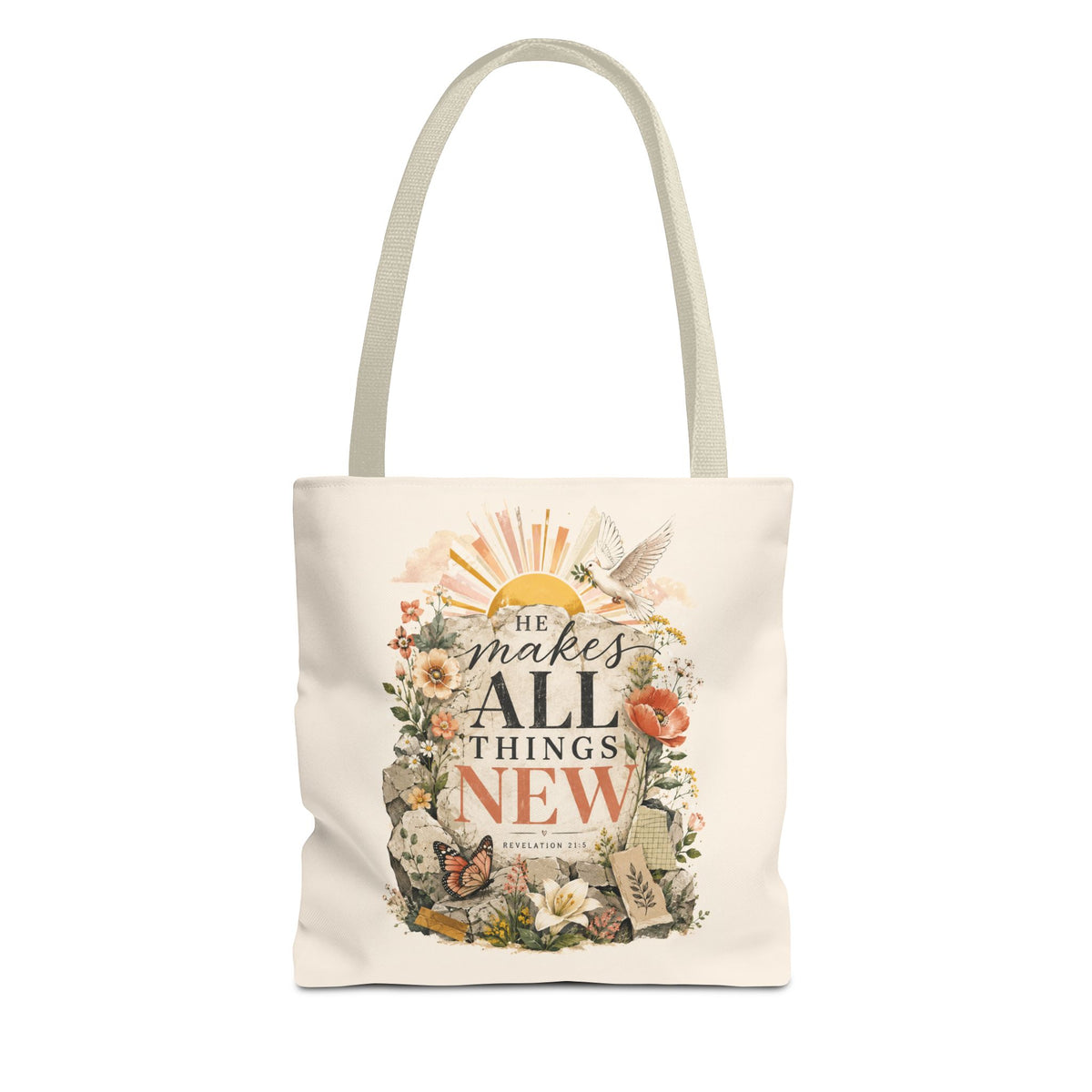 Scriptural Floral Tote Bag — “He Makes All Things New” Inspirational Canvas Tote