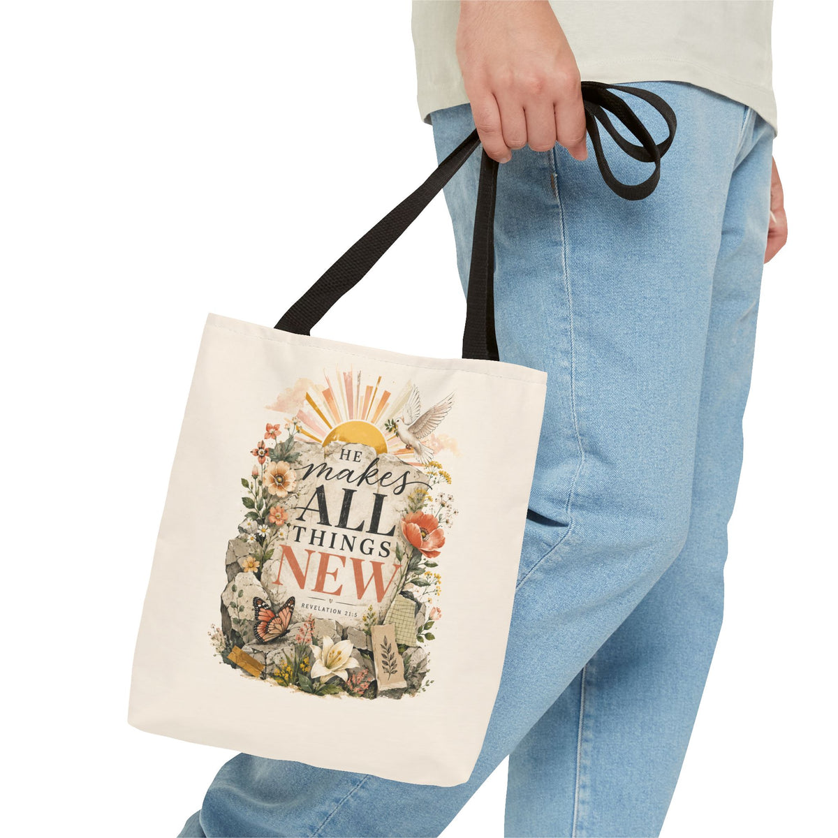 Scriptural Floral Tote Bag — “He Makes All Things New” Inspirational Canvas Tote