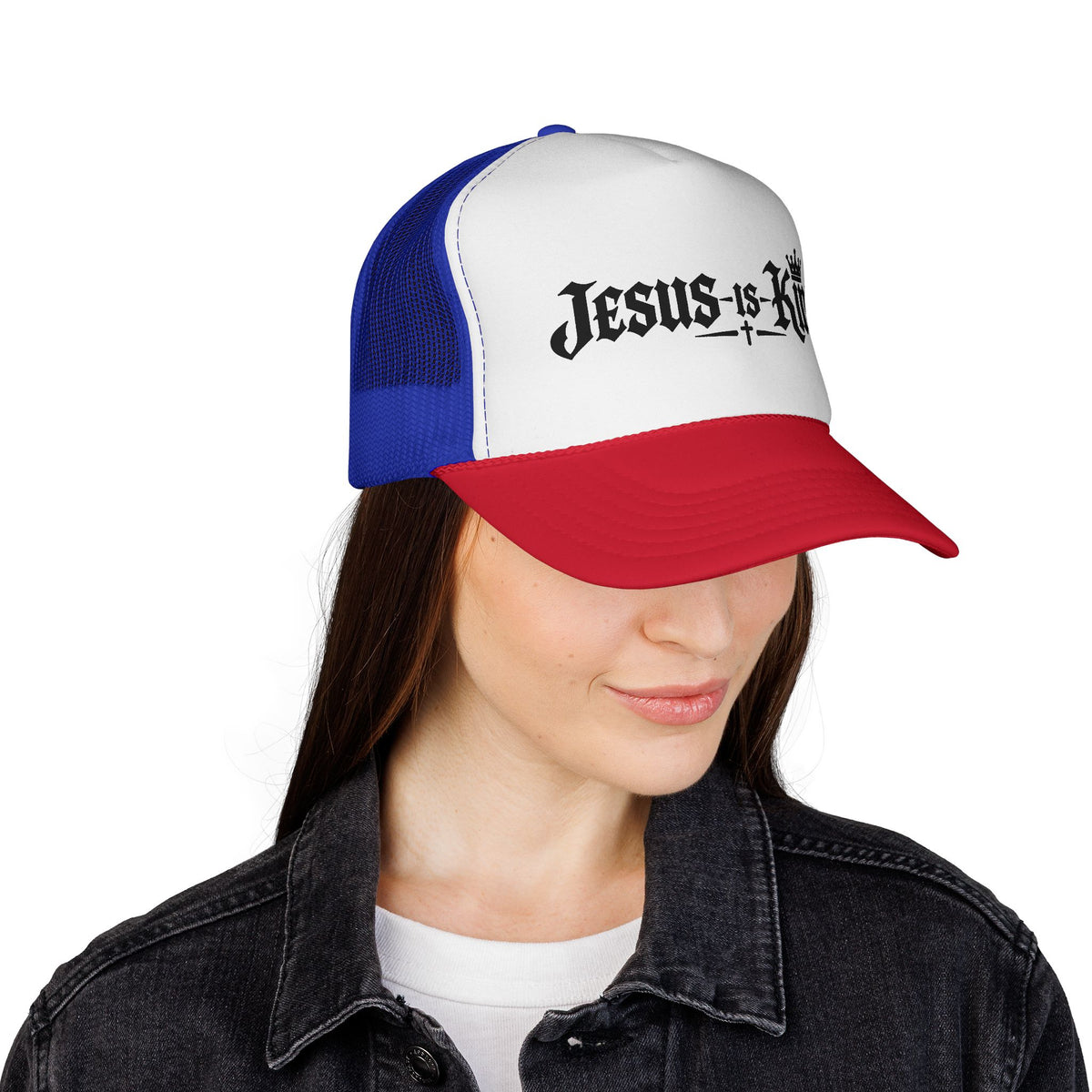 Jesus Is King Trucker Hat – Christian Mesh Cap with Crown & Cross Design