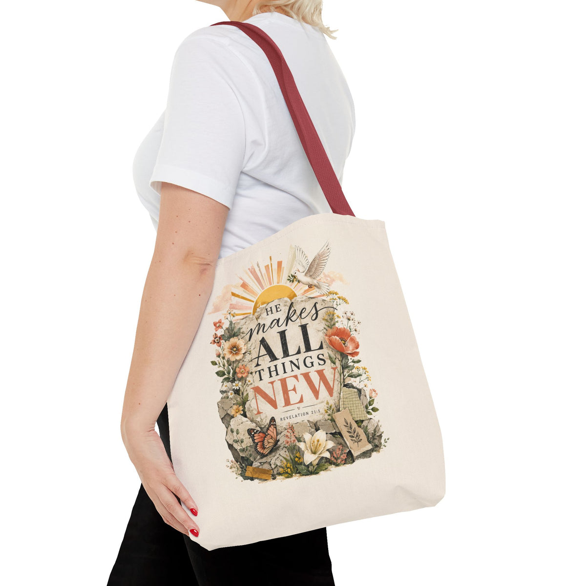 Scriptural Floral Tote Bag — “He Makes All Things New” Inspirational Canvas Tote