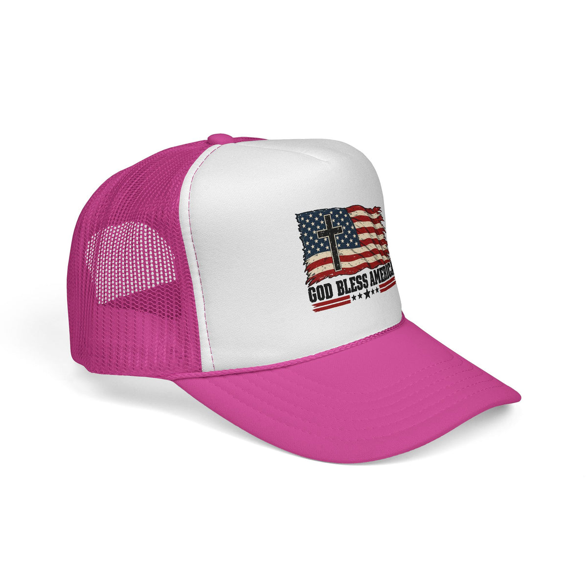 God Bless America Trucker Hat — Patriotic Flag & Cross Mesh Hat