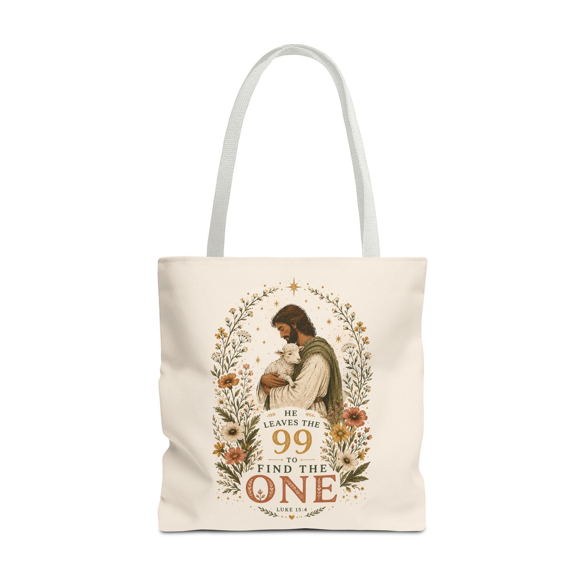 Jesus Shepherd Tote Bag — "He Leaves the 99 to Find the One" Floral Faith Tote