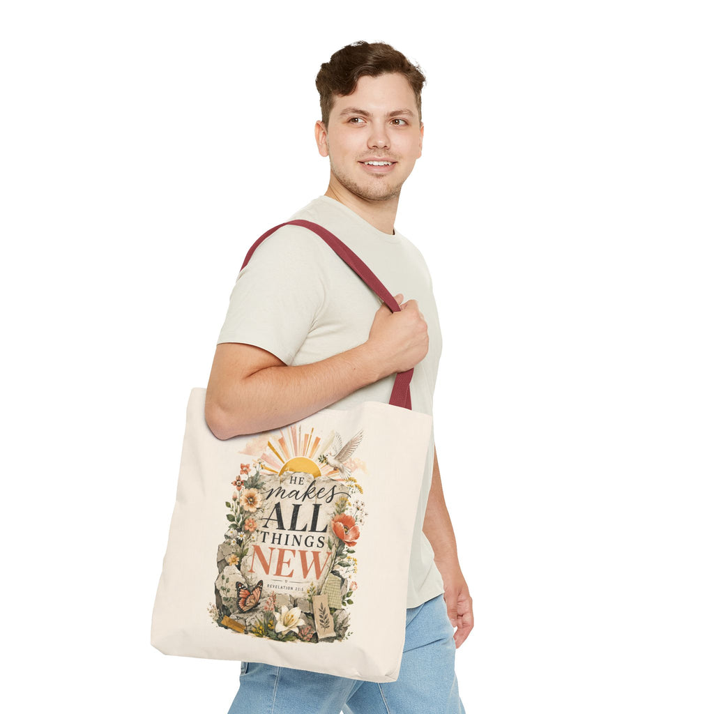 Scriptural Floral Tote Bag — “He Makes All Things New” Inspirational Canvas Tote