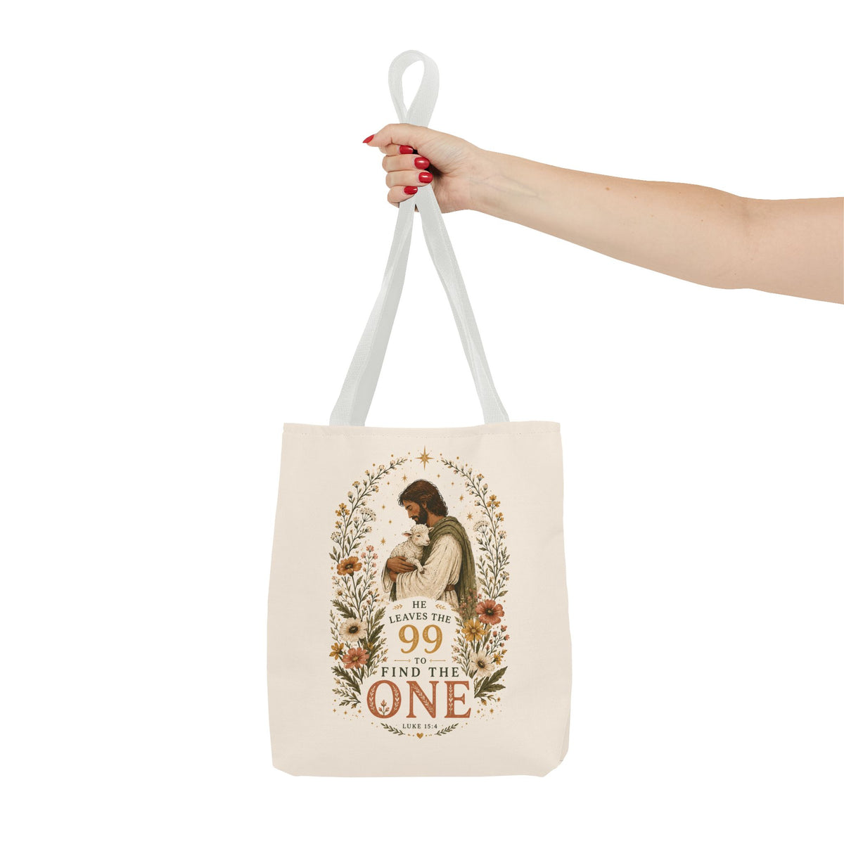 Jesus Shepherd Tote Bag — "He Leaves the 99 to Find the One" Floral Faith Tote