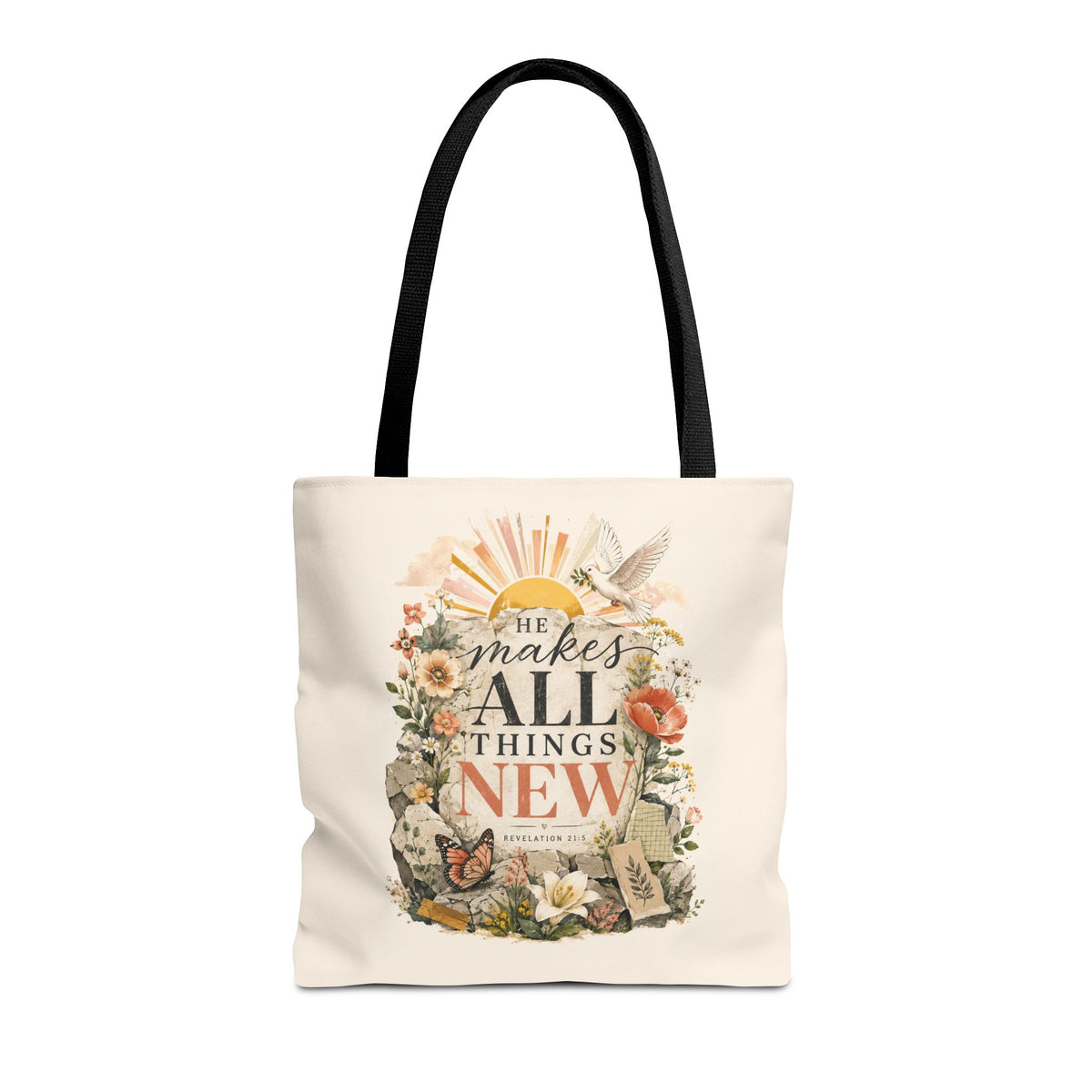 Scriptural Floral Tote Bag — “He Makes All Things New” Inspirational Canvas Tote