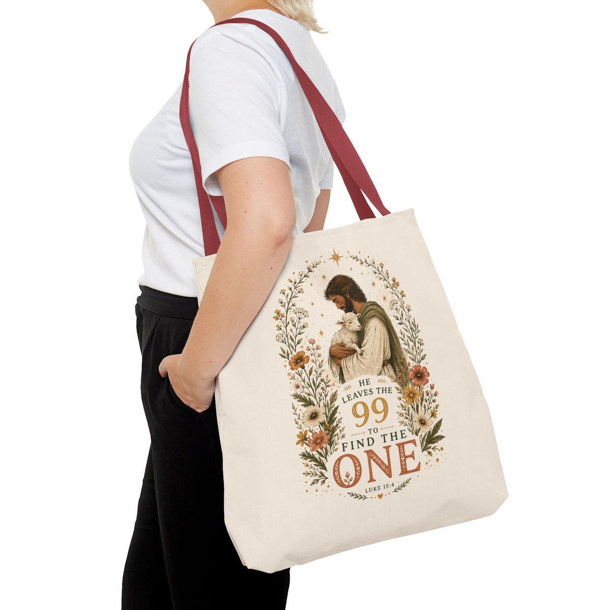Jesus Shepherd Tote Bag — "He Leaves the 99 to Find the One" Floral Faith Tote