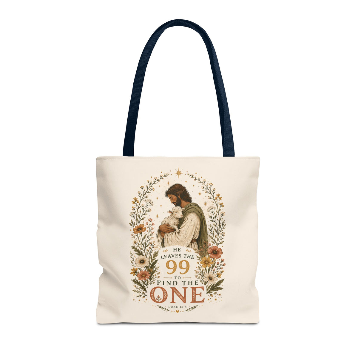 Jesus Shepherd Tote Bag — "He Leaves the 99 to Find the One" Floral Faith Tote