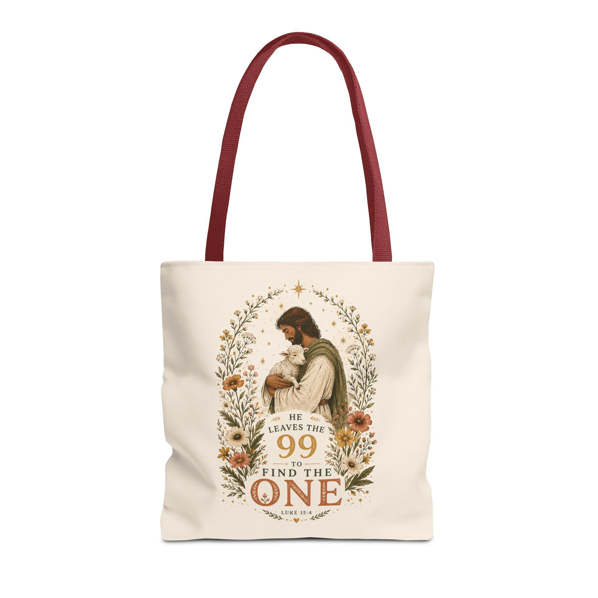Jesus Shepherd Tote Bag — "He Leaves the 99 to Find the One" Floral Faith Tote