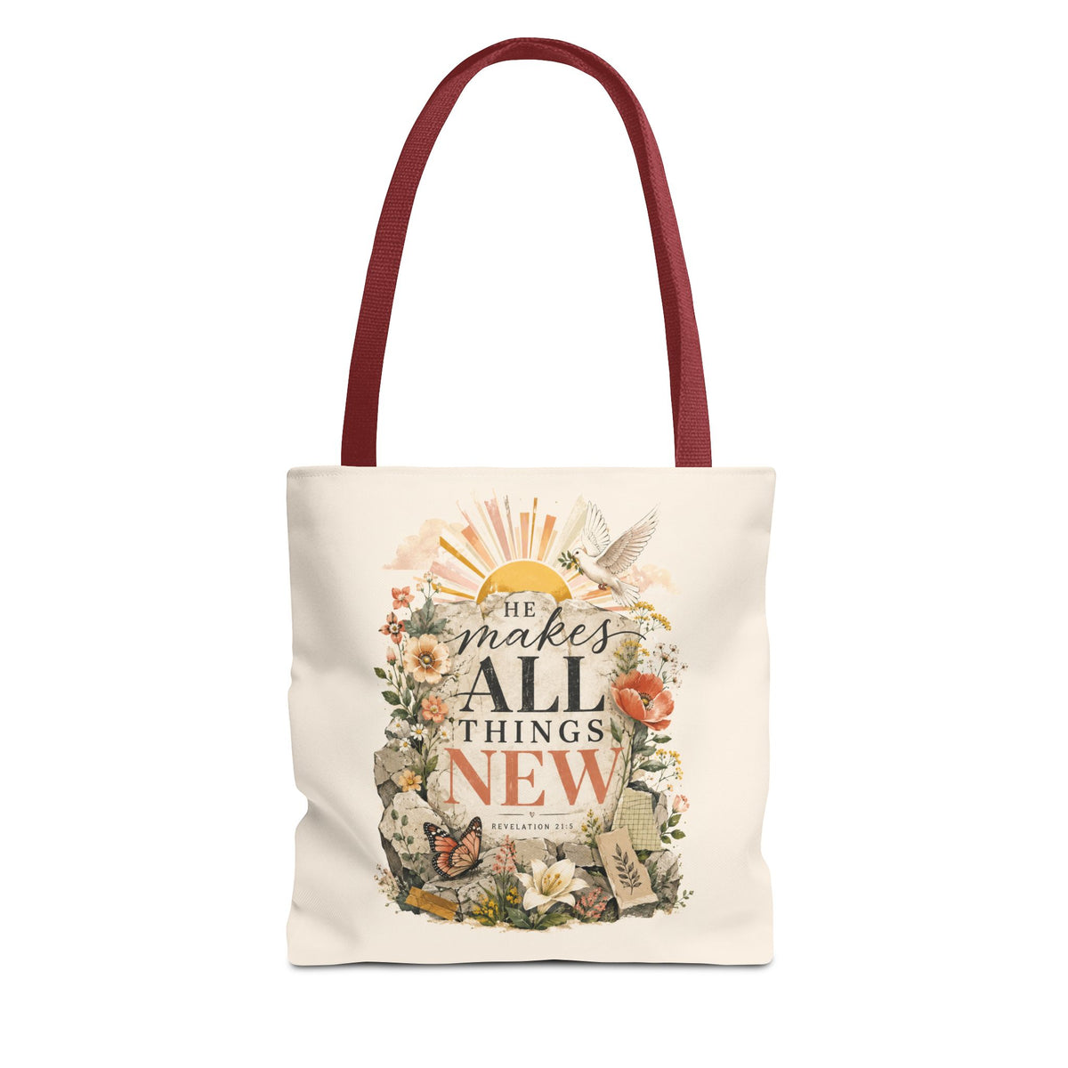 Scriptural Floral Tote Bag — “He Makes All Things New” Inspirational Canvas Tote