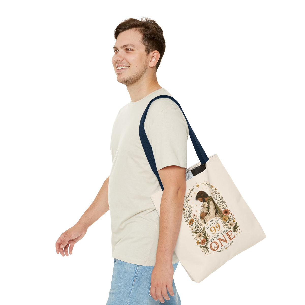 Jesus Shepherd Tote Bag — "He Leaves the 99 to Find the One" Floral Faith Tote