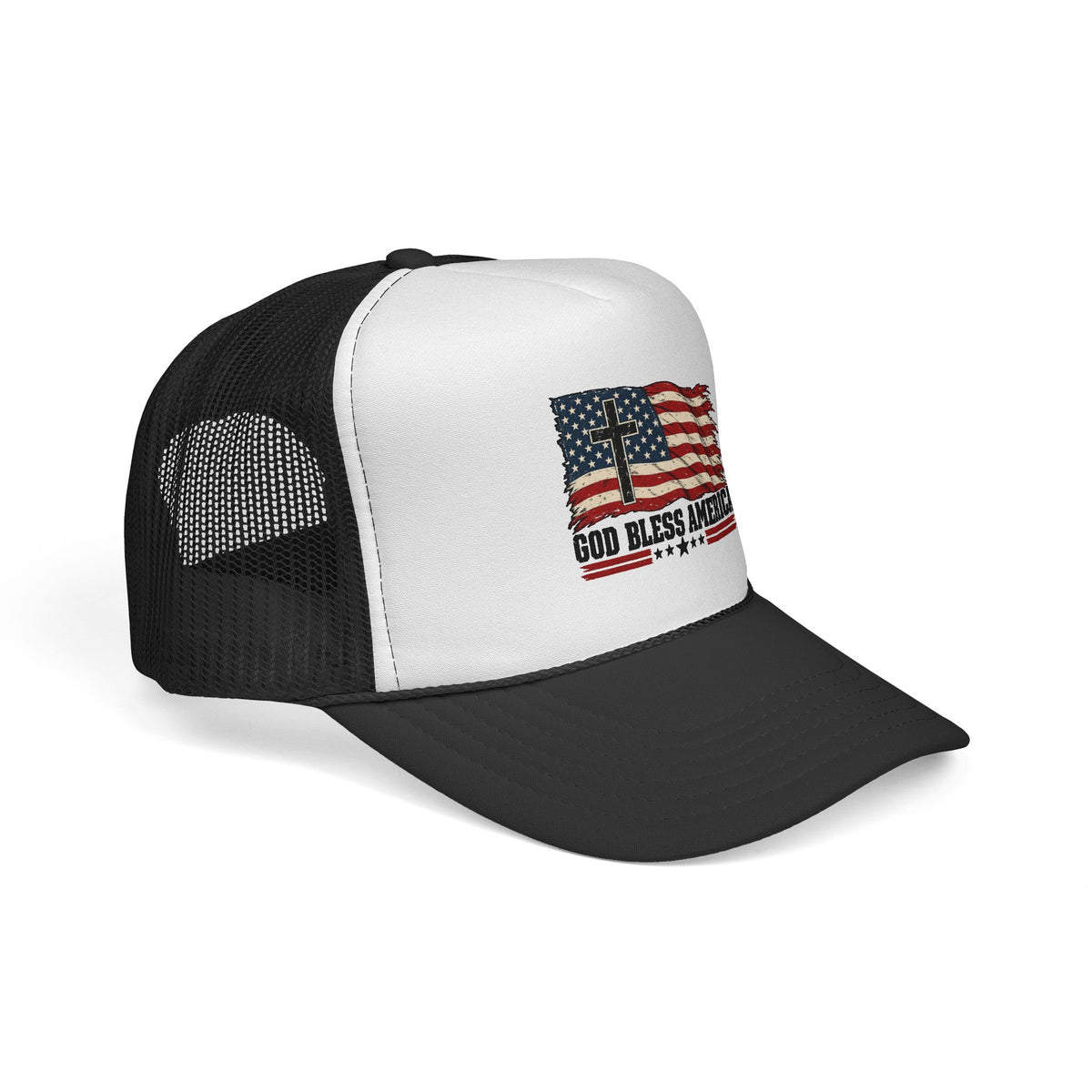 God Bless America Trucker Hat — Patriotic Flag & Cross Mesh Hat