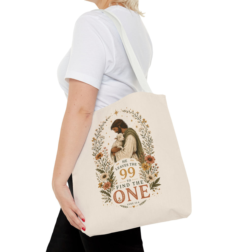 Jesus Shepherd Tote Bag — "He Leaves the 99 to Find the One" Floral Faith Tote