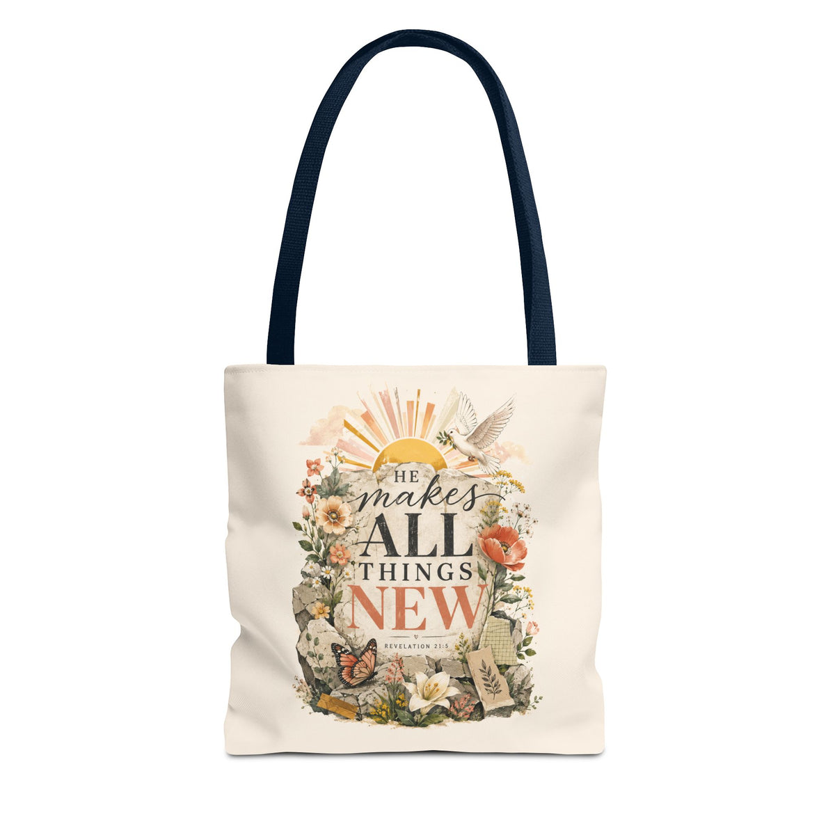 Scriptural Floral Tote Bag — “He Makes All Things New” Inspirational Canvas Tote