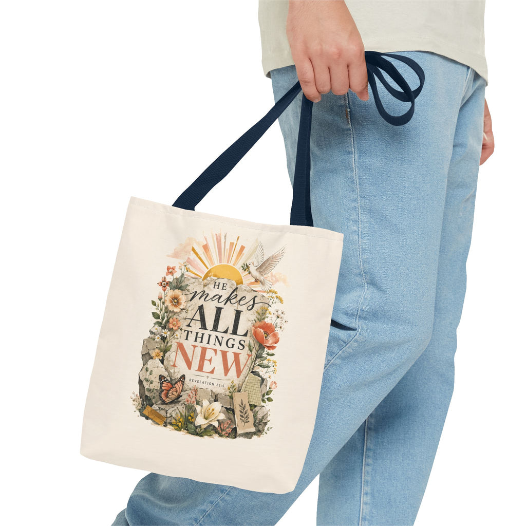 Scriptural Floral Tote Bag — “He Makes All Things New” Inspirational Canvas Tote