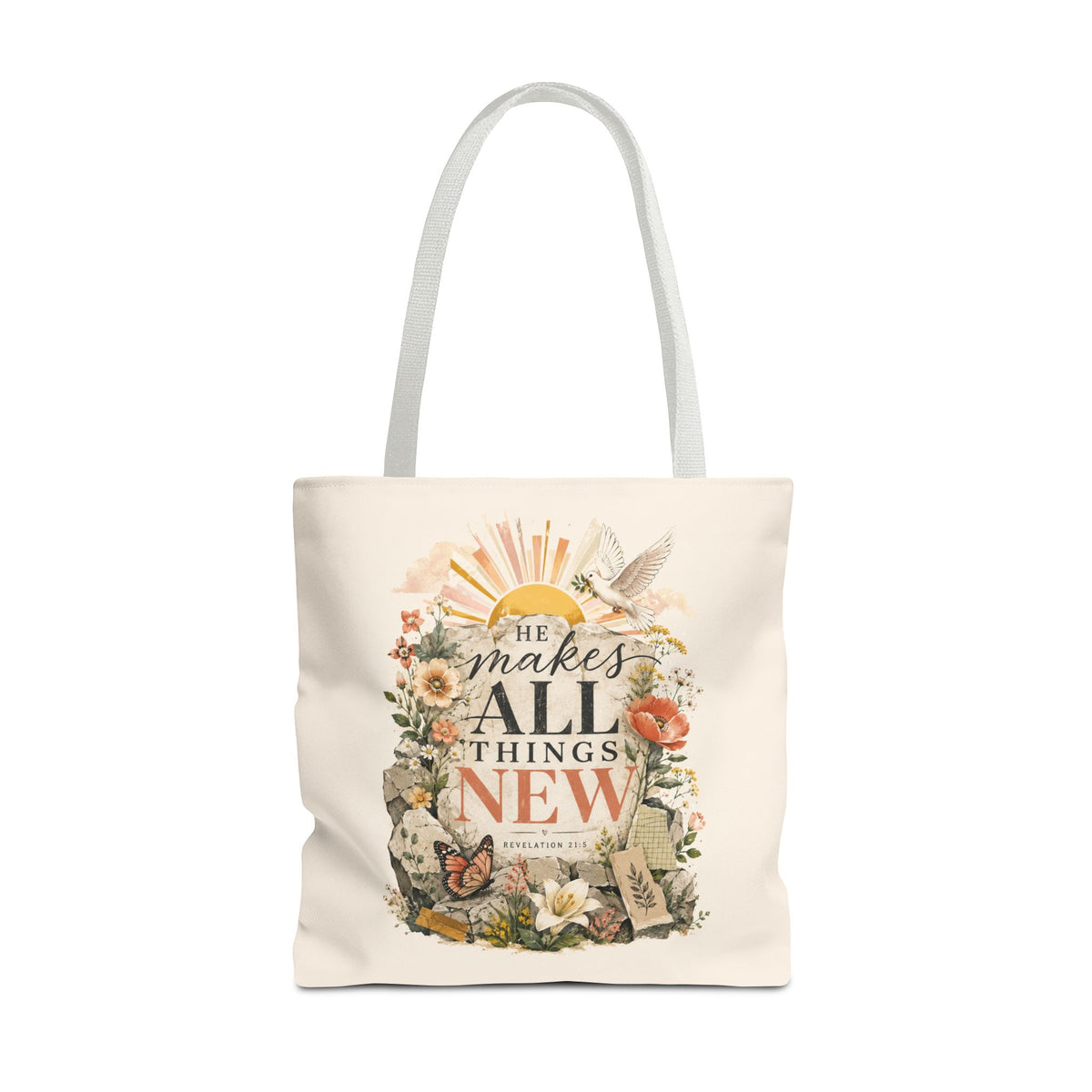 Scriptural Floral Tote Bag — “He Makes All Things New” Inspirational Canvas Tote