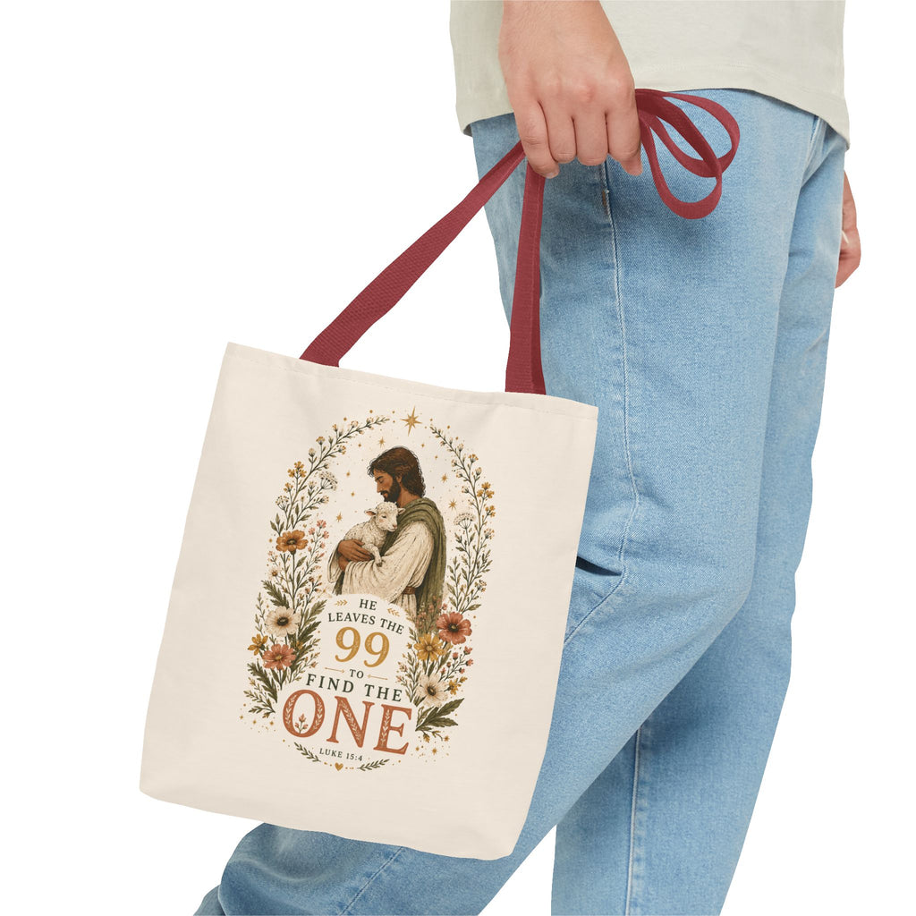 Jesus Shepherd Tote Bag — "He Leaves the 99 to Find the One" Floral Faith Tote