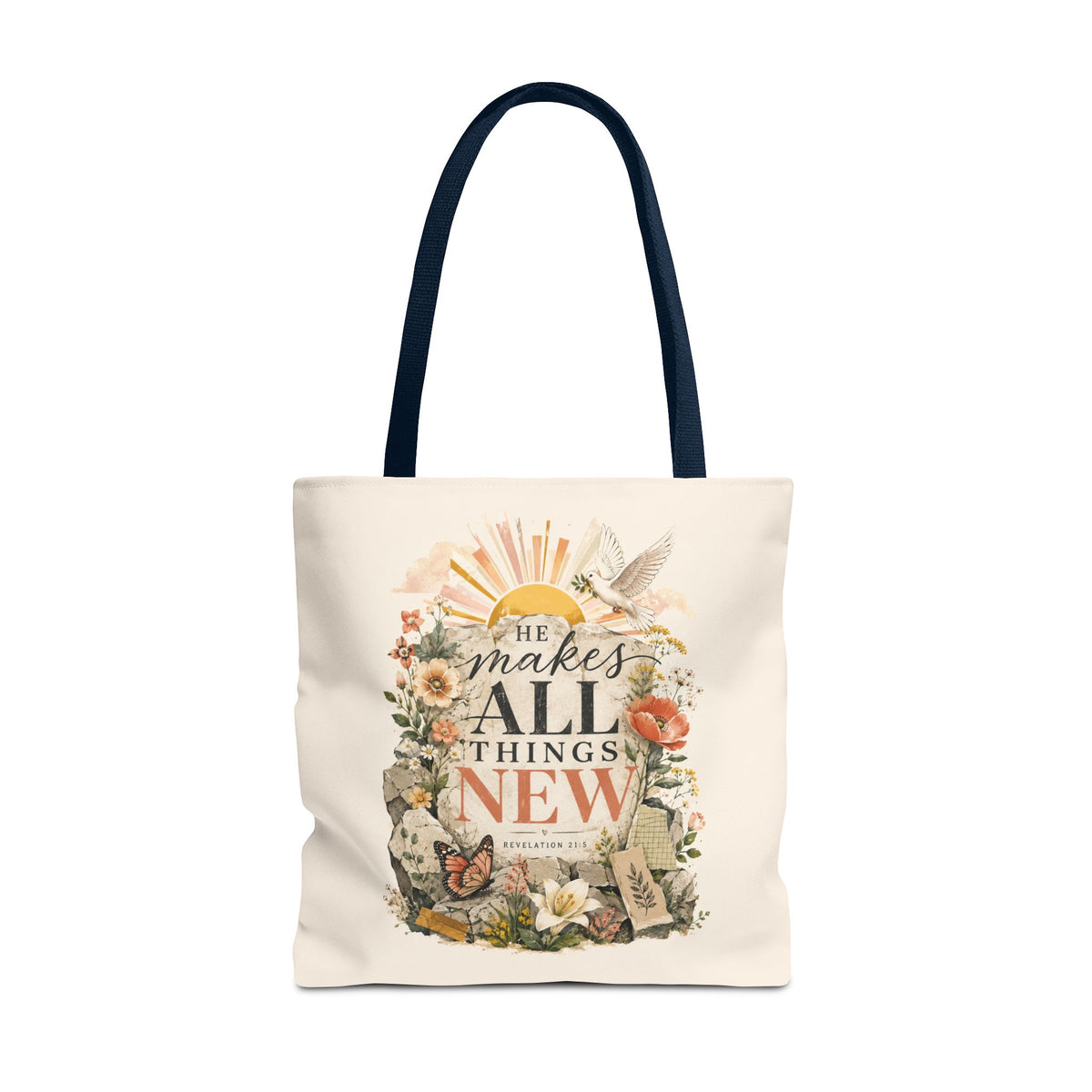 Scriptural Floral Tote Bag — “He Makes All Things New” Inspirational Canvas Tote