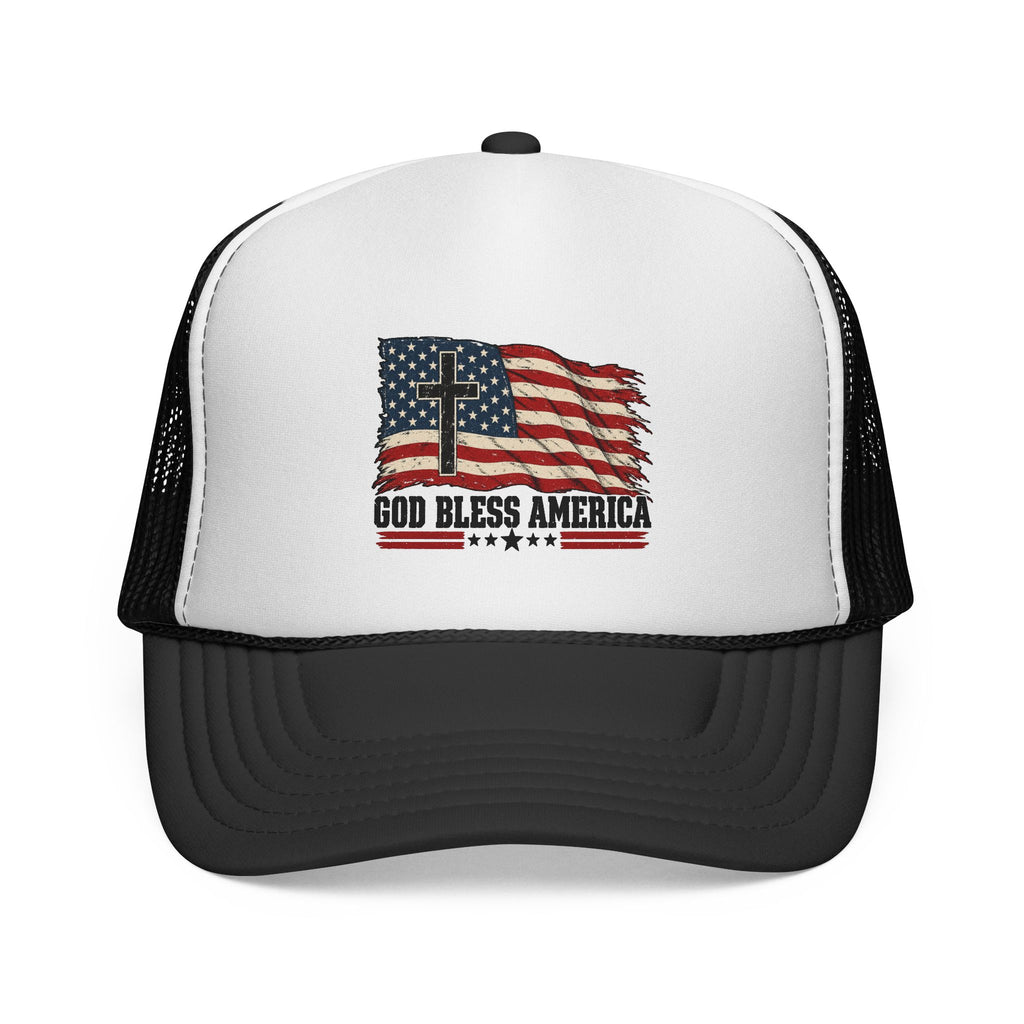 God Bless America Trucker Hat — Patriotic Flag & Cross Mesh Hat
