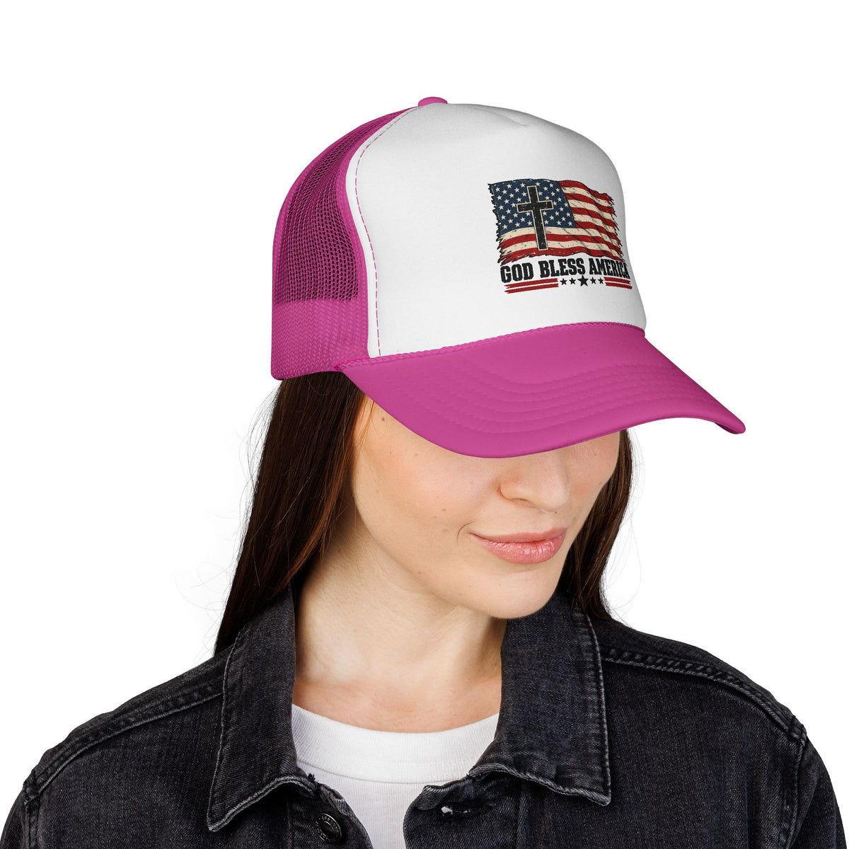 God Bless America Trucker Hat — Patriotic Flag & Cross Mesh Hat