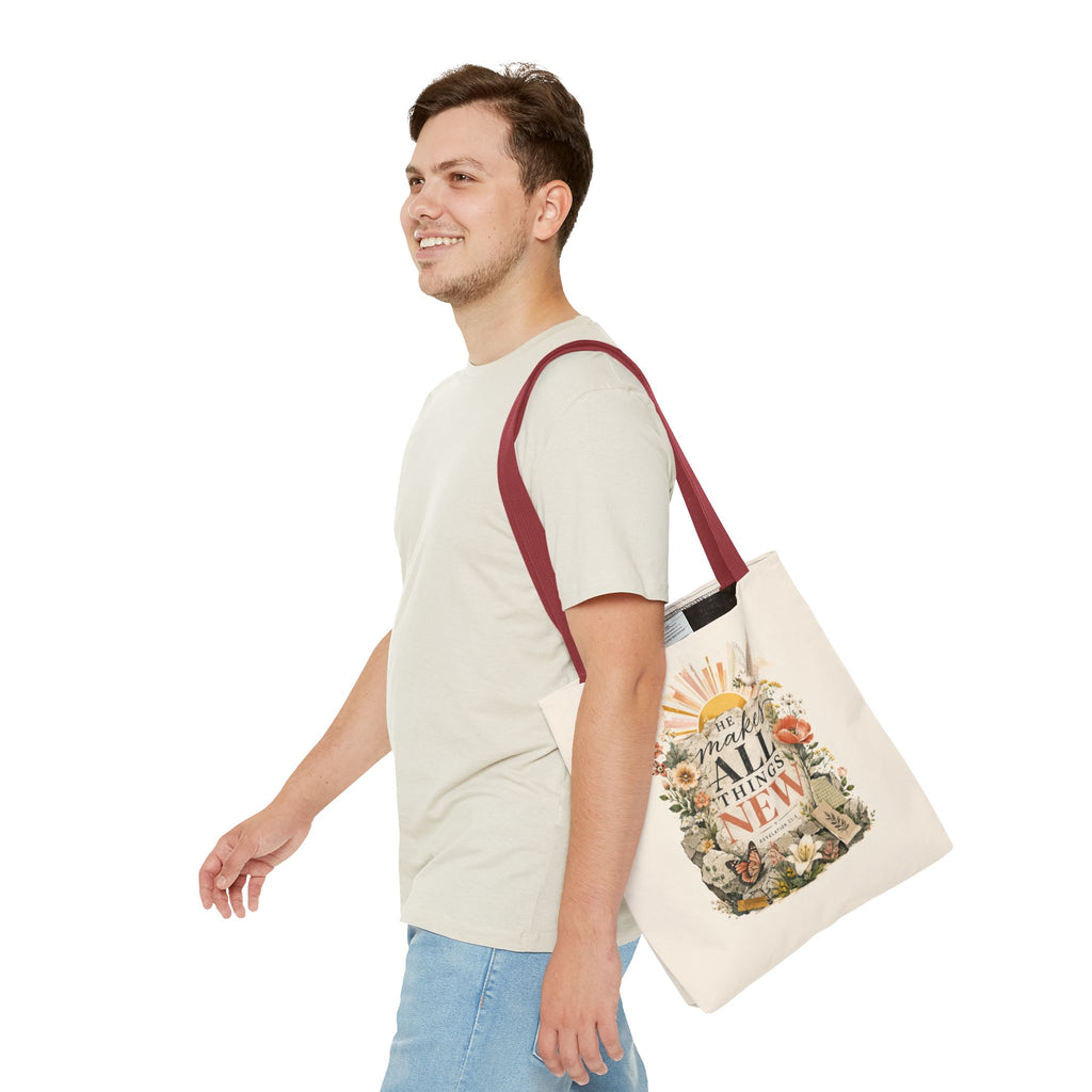Scriptural Floral Tote Bag — “He Makes All Things New” Inspirational Canvas Tote