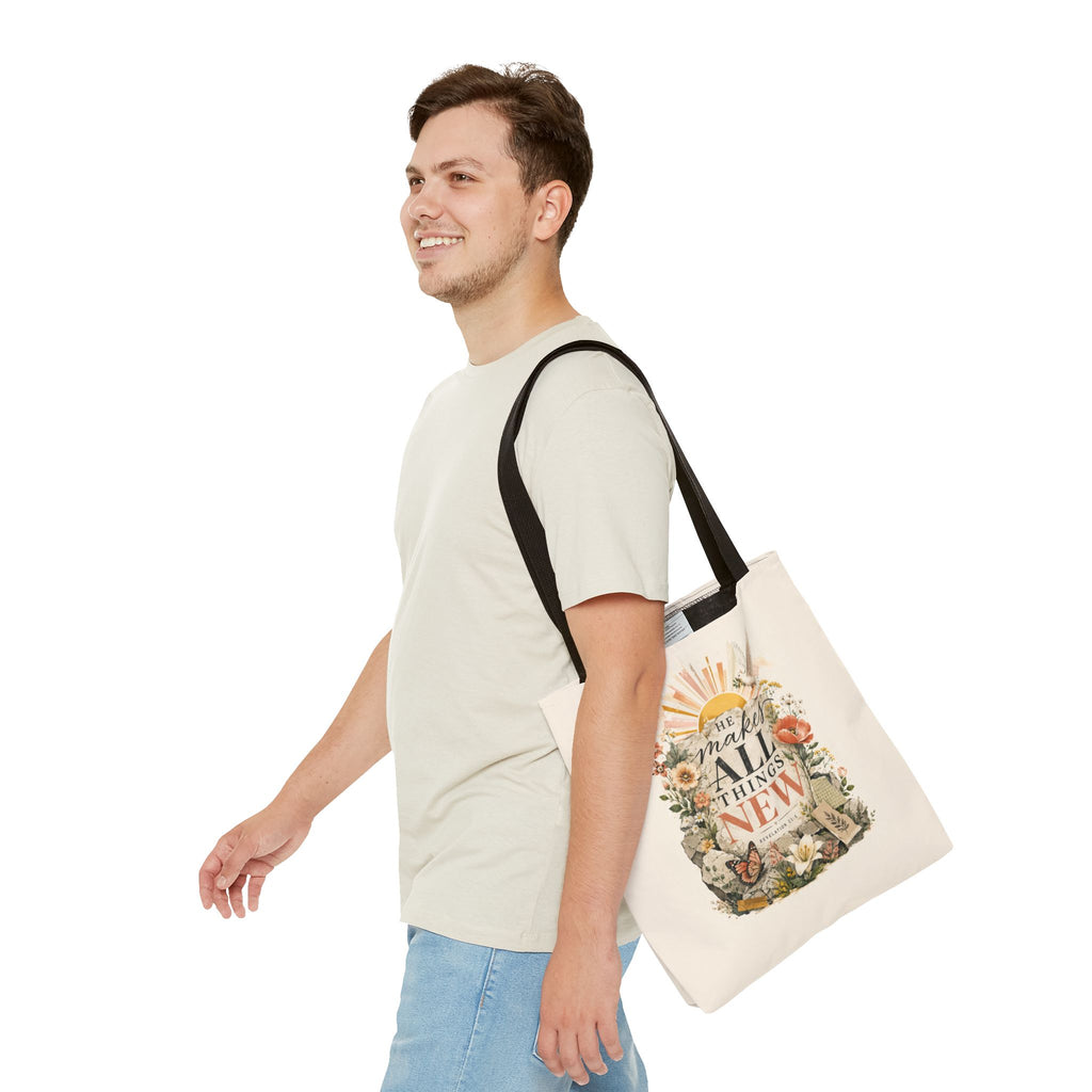 Scriptural Floral Tote Bag — “He Makes All Things New” Inspirational Canvas Tote