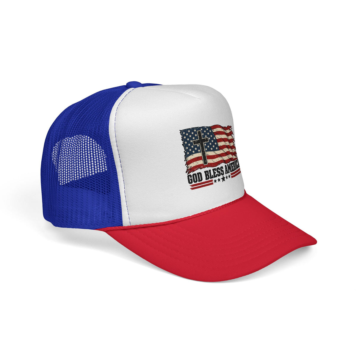 God Bless America Trucker Hat — Patriotic Flag & Cross Mesh Hat