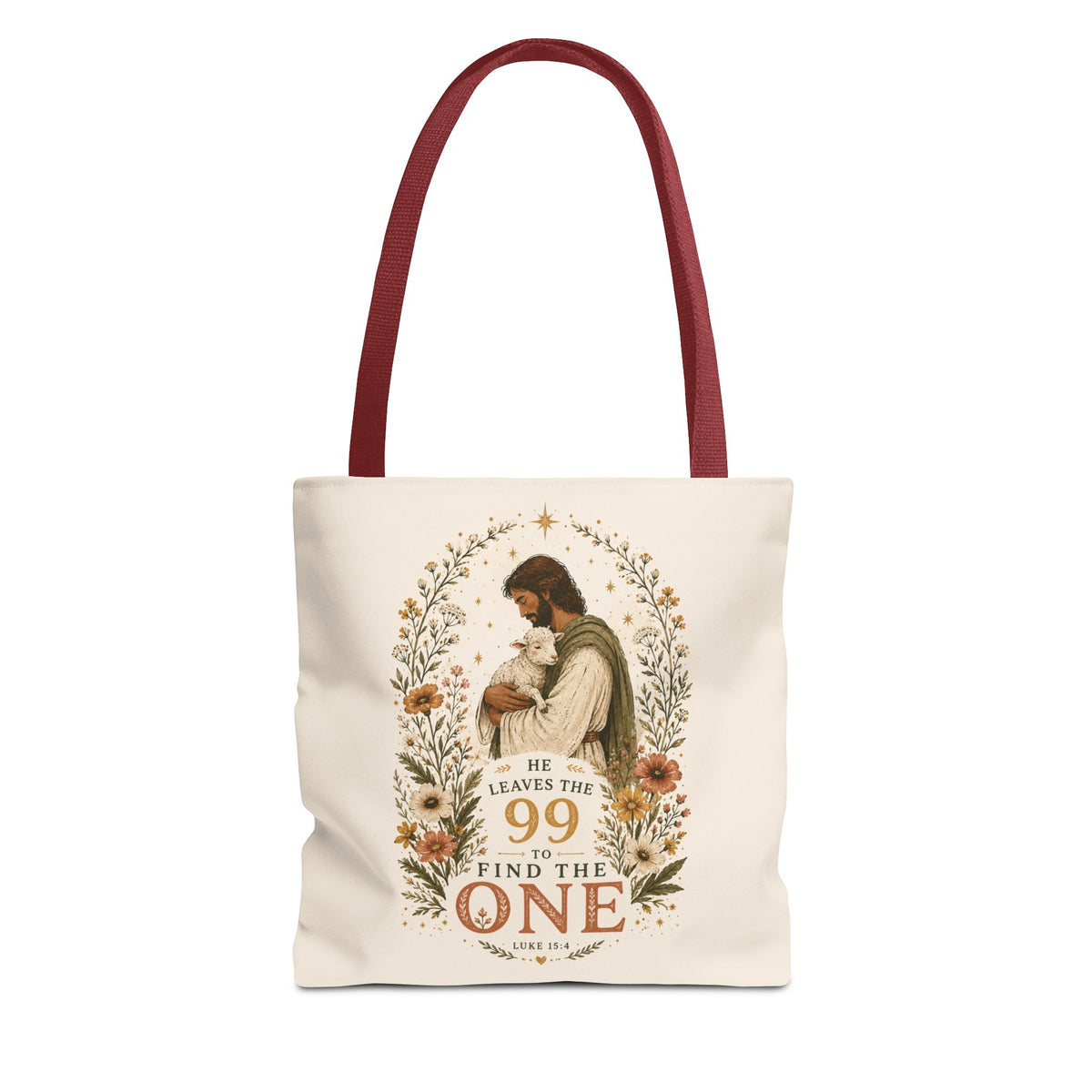 Jesus Shepherd Tote Bag — "He Leaves the 99 to Find the One" Floral Faith Tote