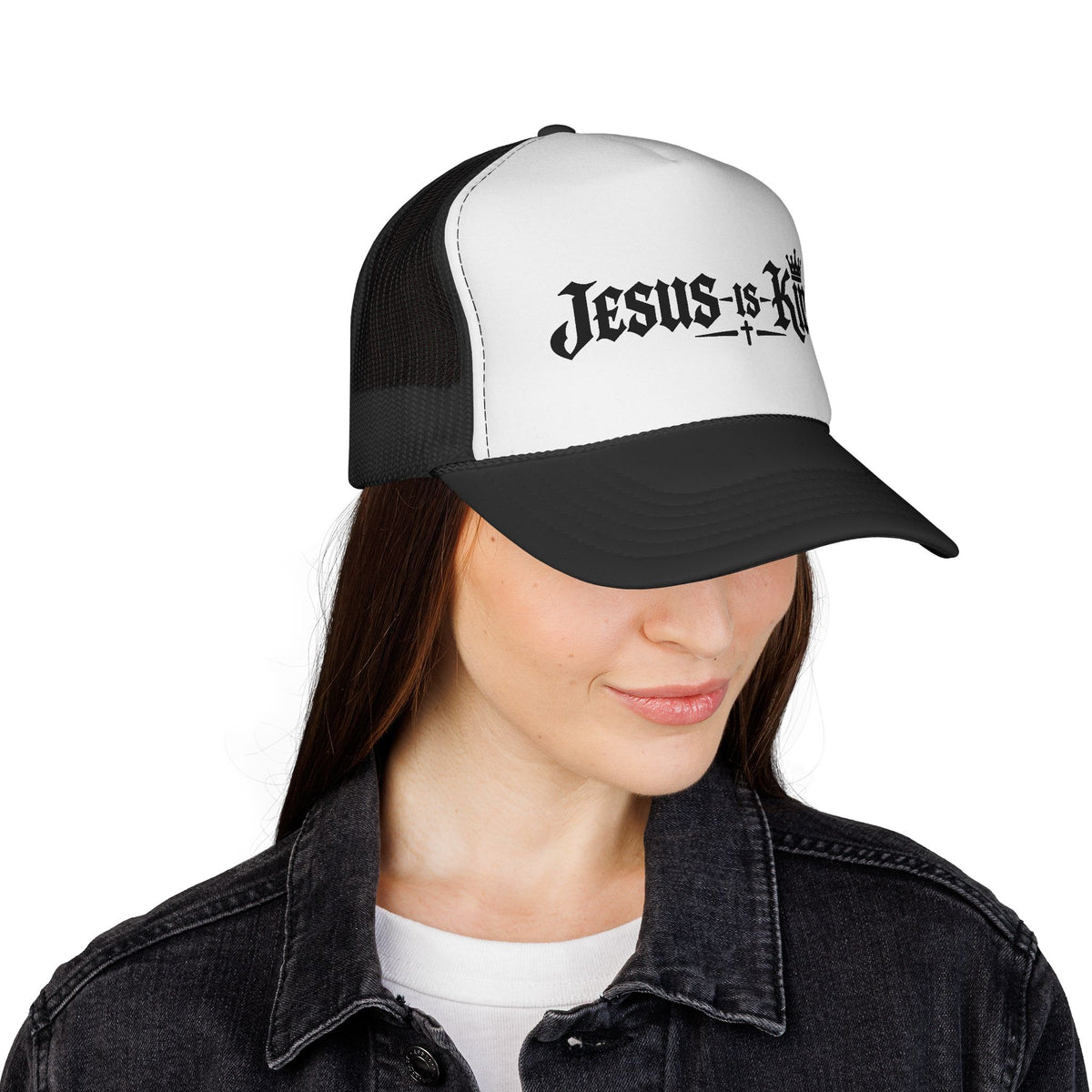 Jesus Is King Trucker Hat – Christian Mesh Cap with Crown & Cross Design