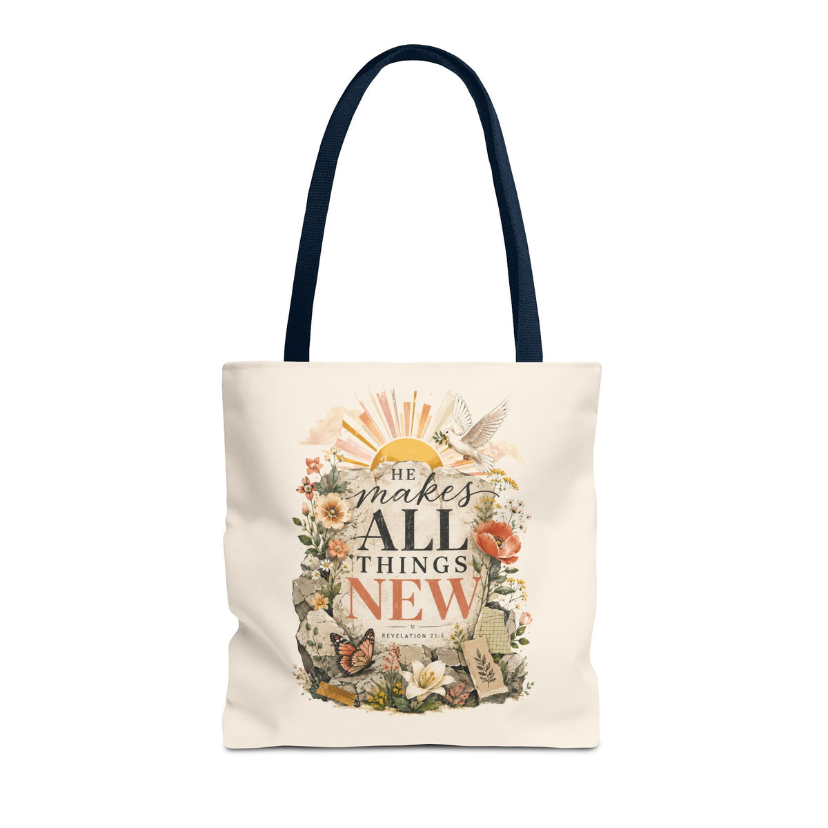 Scriptural Floral Tote Bag — “He Makes All Things New” Inspirational Canvas Tote