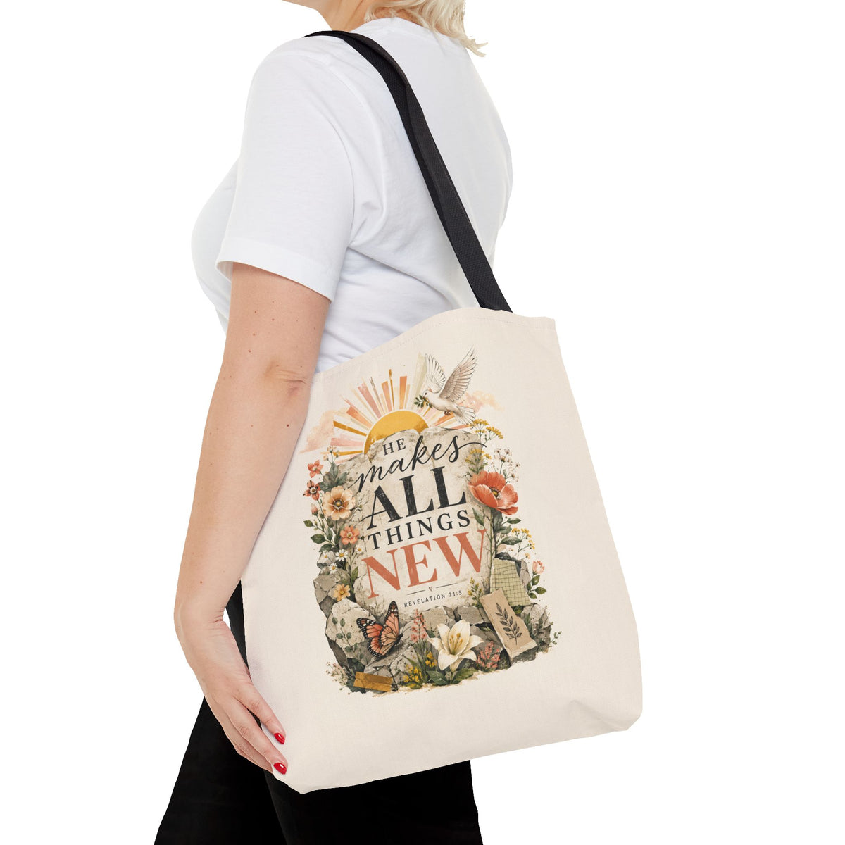 Scriptural Floral Tote Bag — “He Makes All Things New” Inspirational Canvas Tote