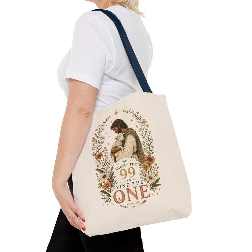 Jesus Shepherd Tote Bag — "He Leaves the 99 to Find the One" Floral Faith Tote