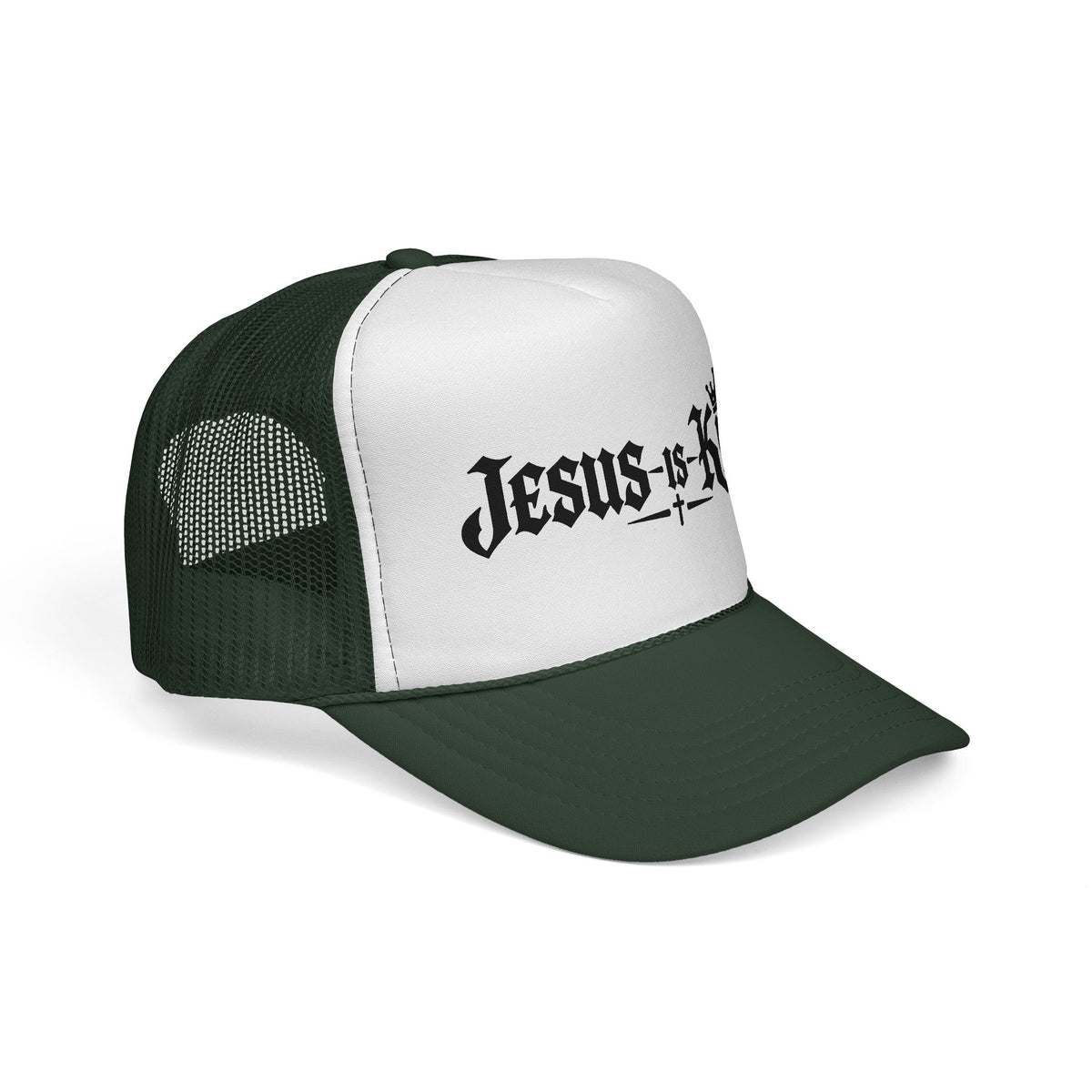 Jesus Is King Trucker Hat – Christian Mesh Cap with Crown & Cross Design