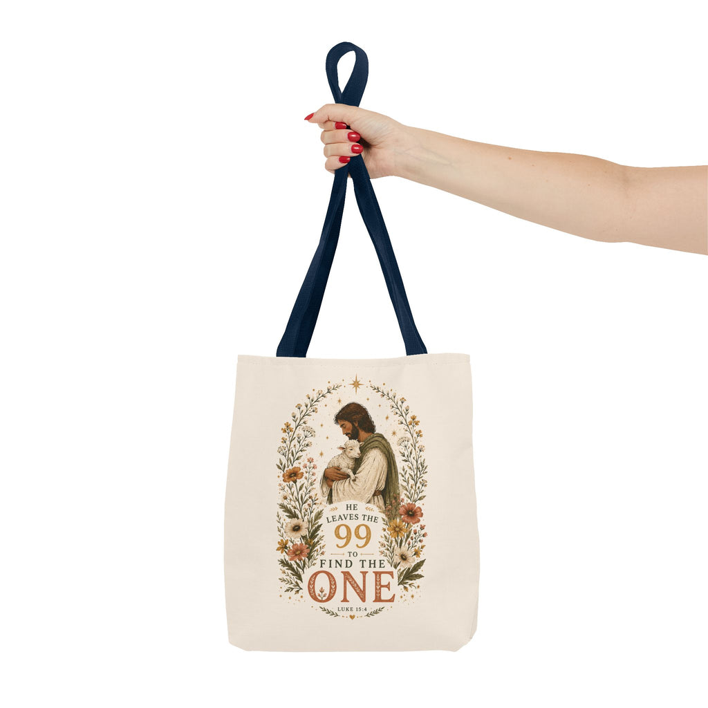 Jesus Shepherd Tote Bag — "He Leaves the 99 to Find the One" Floral Faith Tote