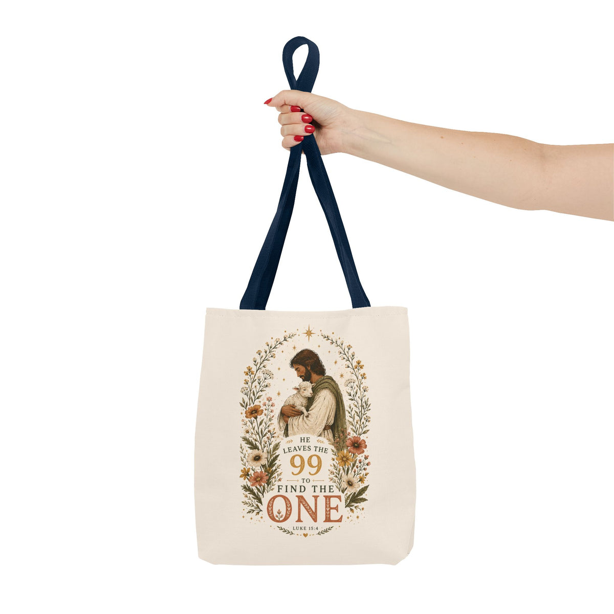 Jesus Shepherd Tote Bag — "He Leaves the 99 to Find the One" Floral Faith Tote