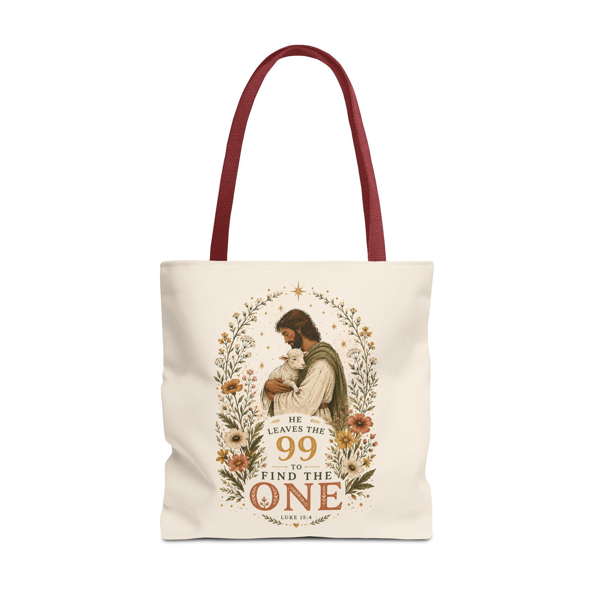 Jesus Shepherd Tote Bag — "He Leaves the 99 to Find the One" Floral Faith Tote