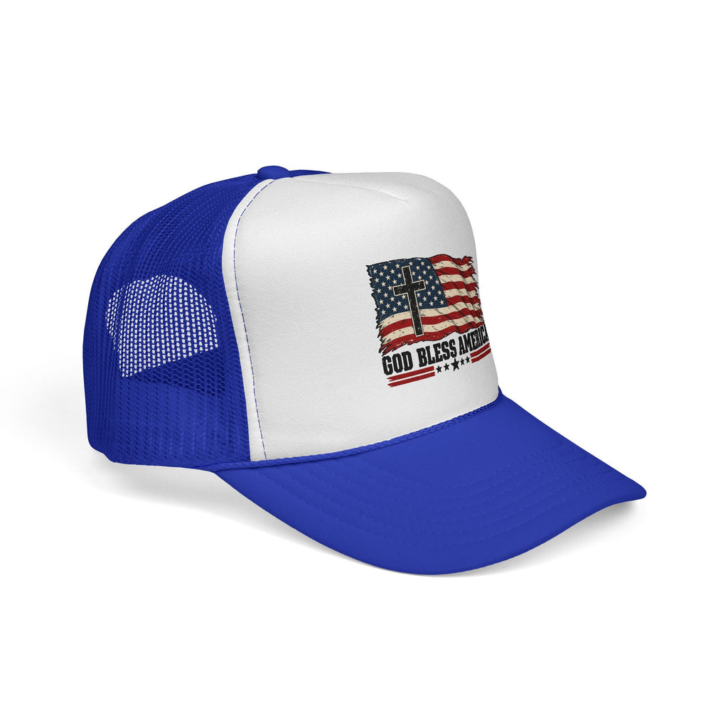 God Bless America Trucker Hat — Patriotic Flag & Cross Mesh Hat