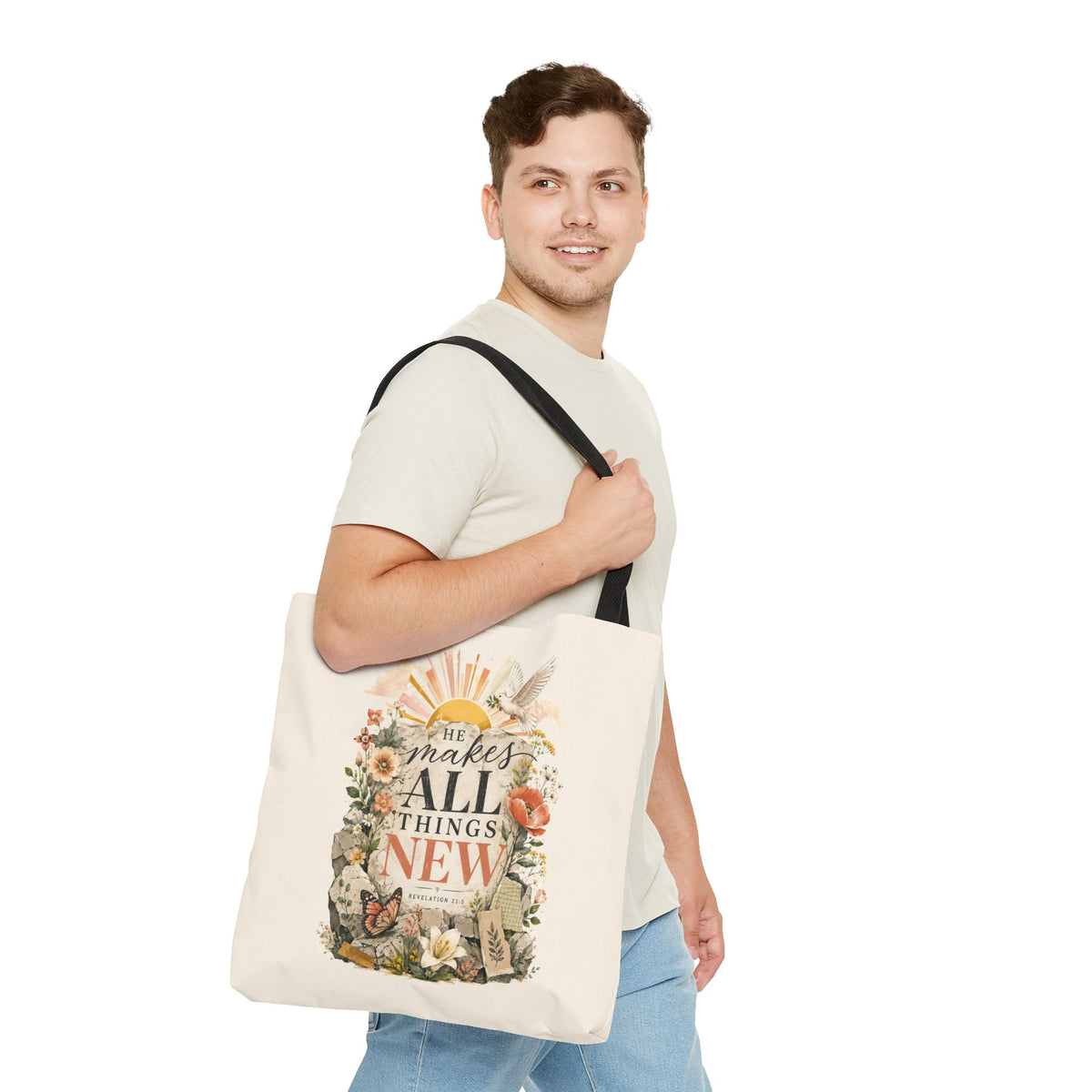 Scriptural Floral Tote Bag — “He Makes All Things New” Inspirational Canvas Tote