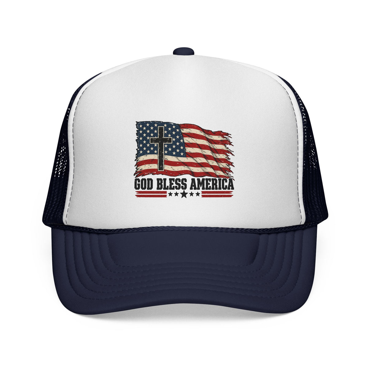 God Bless America Trucker Hat — Patriotic Flag & Cross Mesh Hat