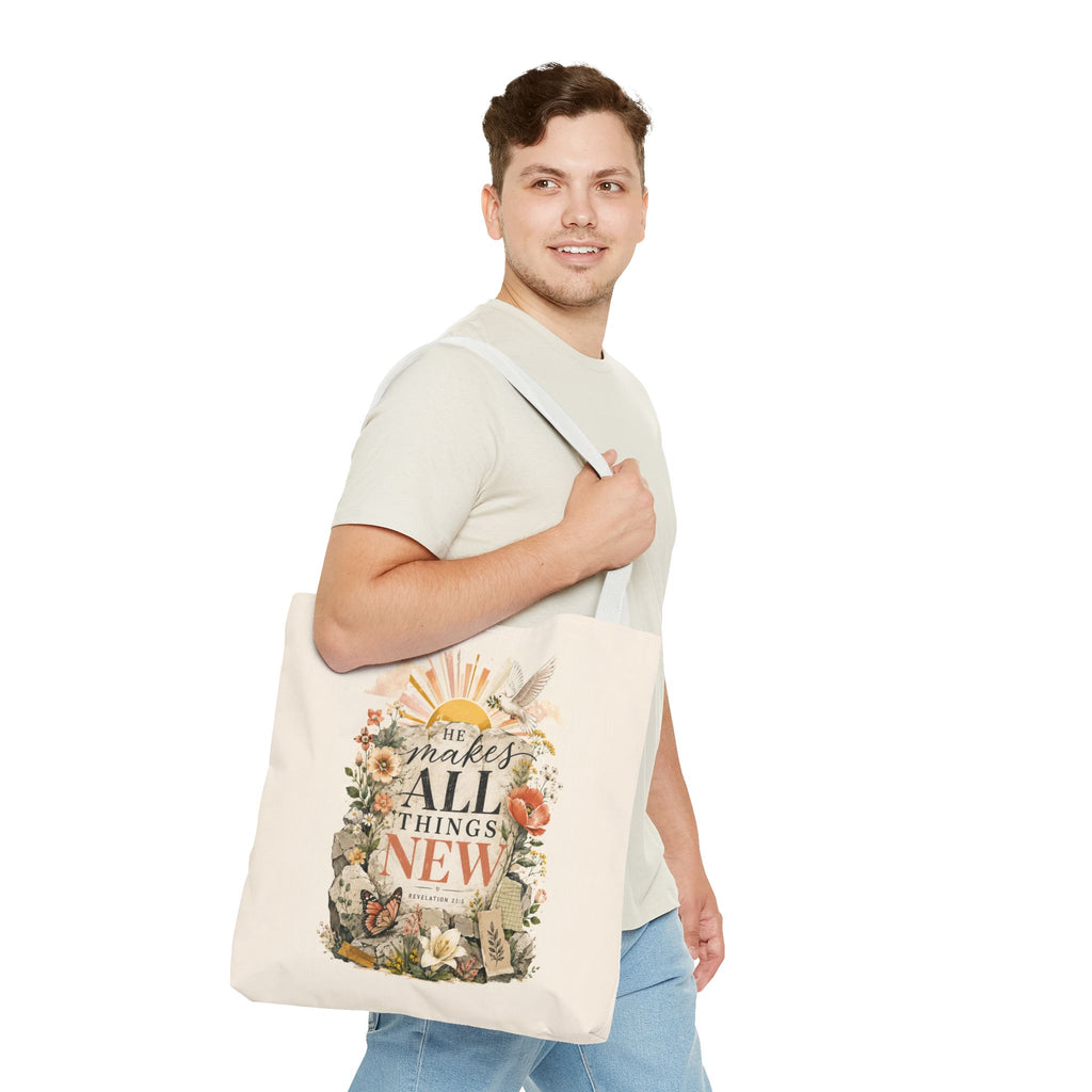 Scriptural Floral Tote Bag — “He Makes All Things New” Inspirational Canvas Tote