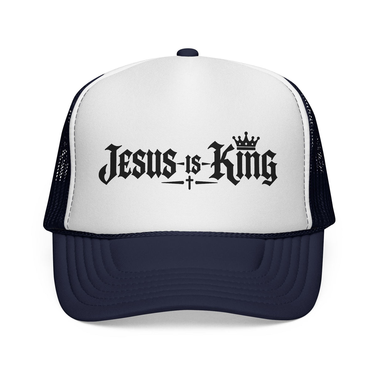 Jesus Is King Trucker Hat – Christian Mesh Cap with Crown & Cross Design
