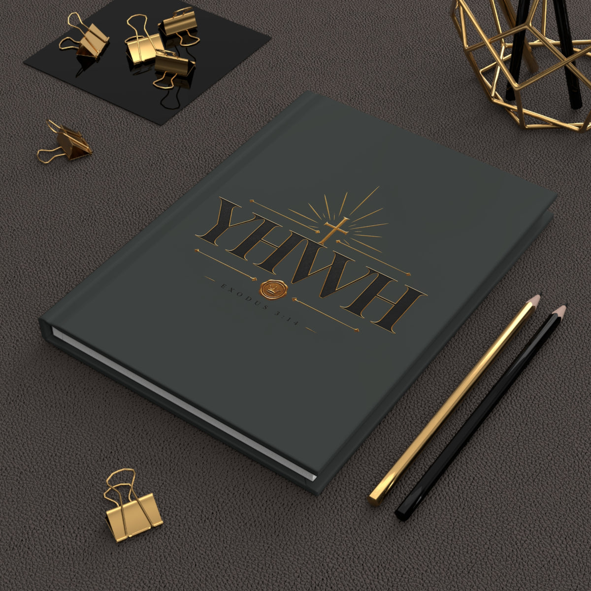 YHWH Hardcover Journal — Christian Lined Notebook with Gold Cross Design