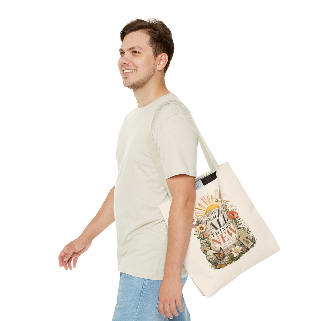 Scriptural Floral Tote Bag — “He Makes All Things New” Inspirational Canvas Tote