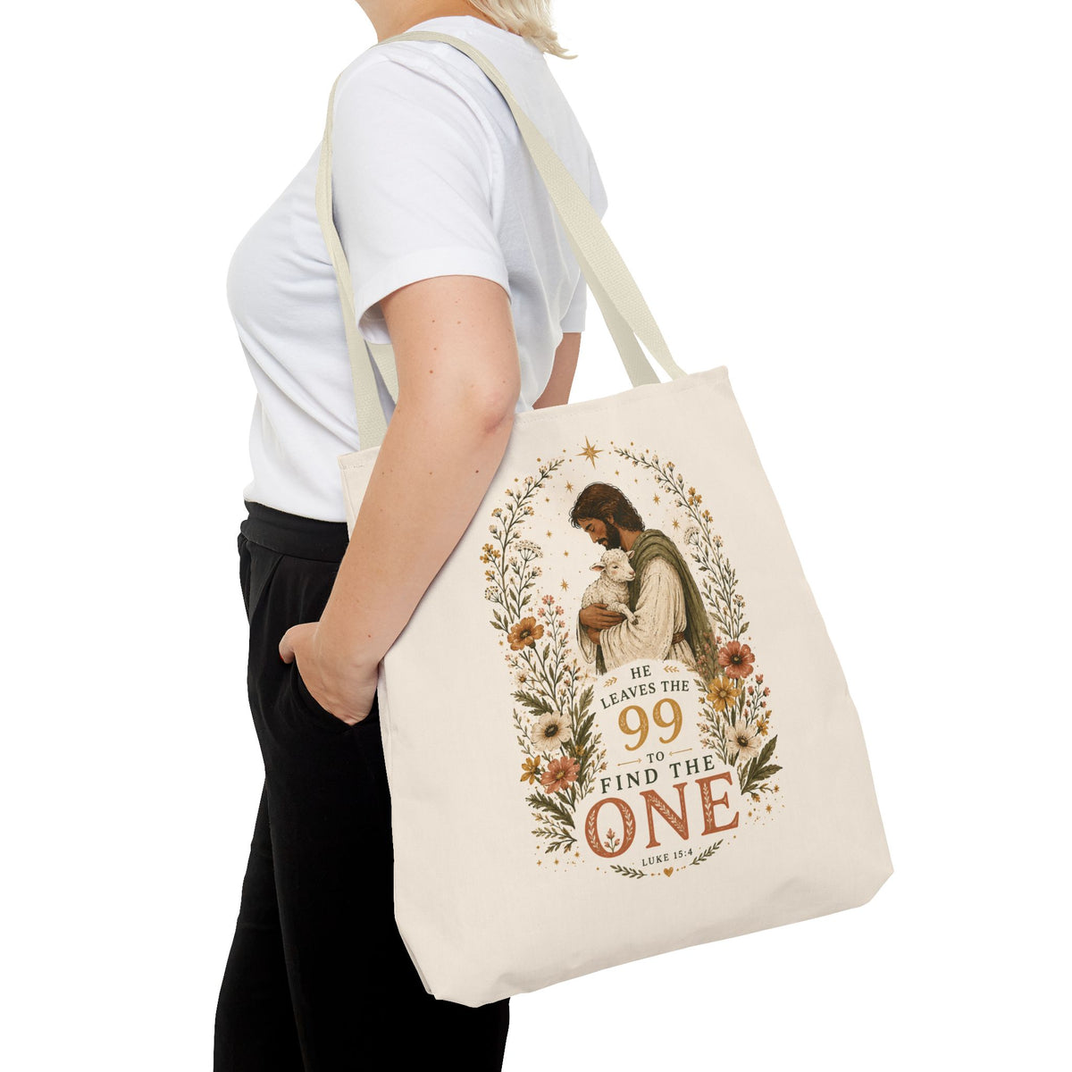 Jesus Shepherd Tote Bag — "He Leaves the 99 to Find the One" Floral Faith Tote