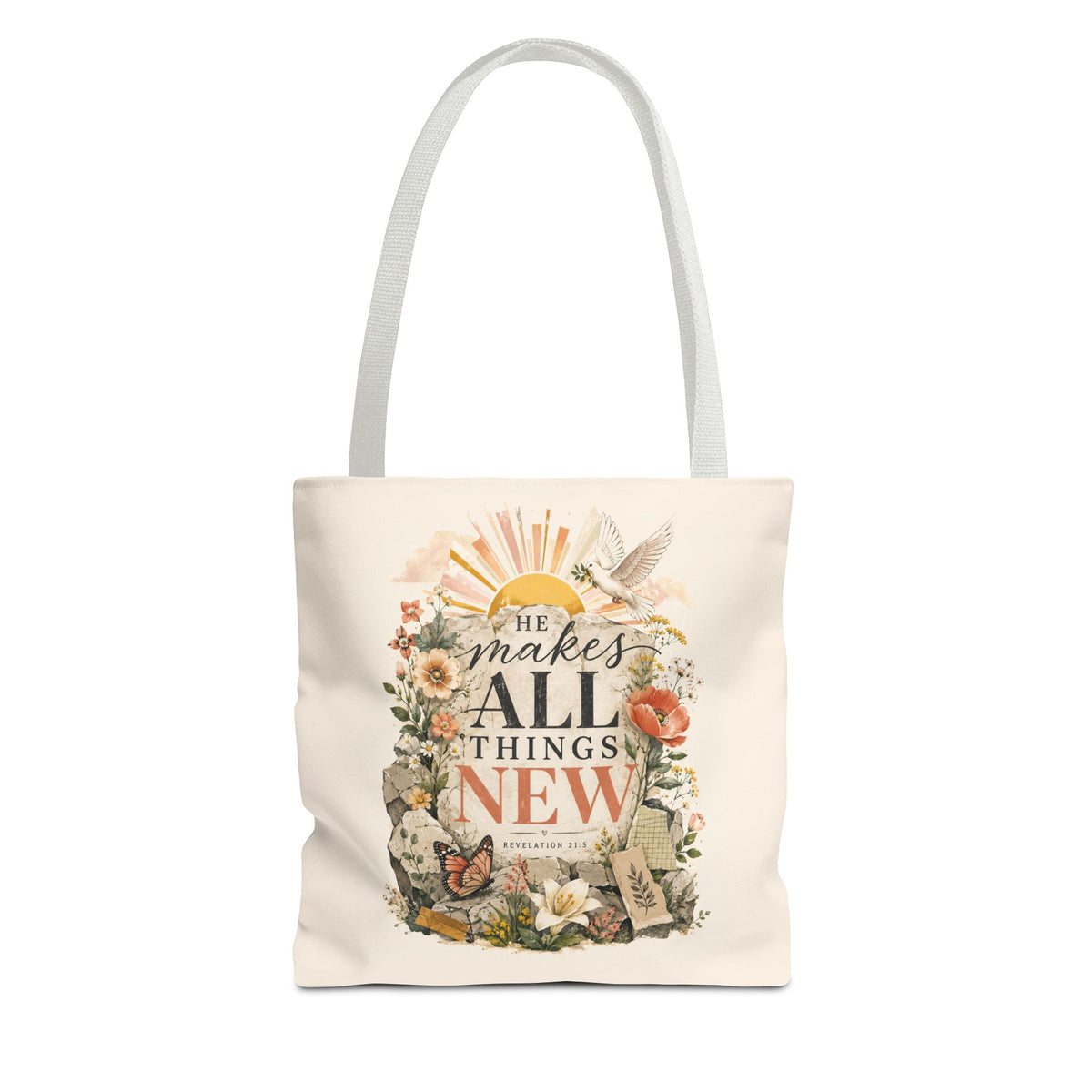 Scriptural Floral Tote Bag — “He Makes All Things New” Inspirational Canvas Tote