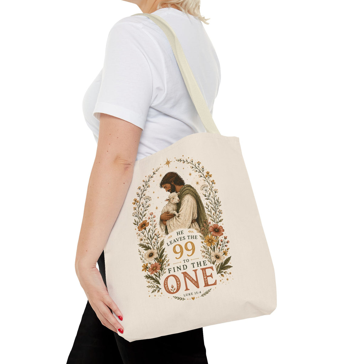 Jesus Shepherd Tote Bag — "He Leaves the 99 to Find the One" Floral Faith Tote