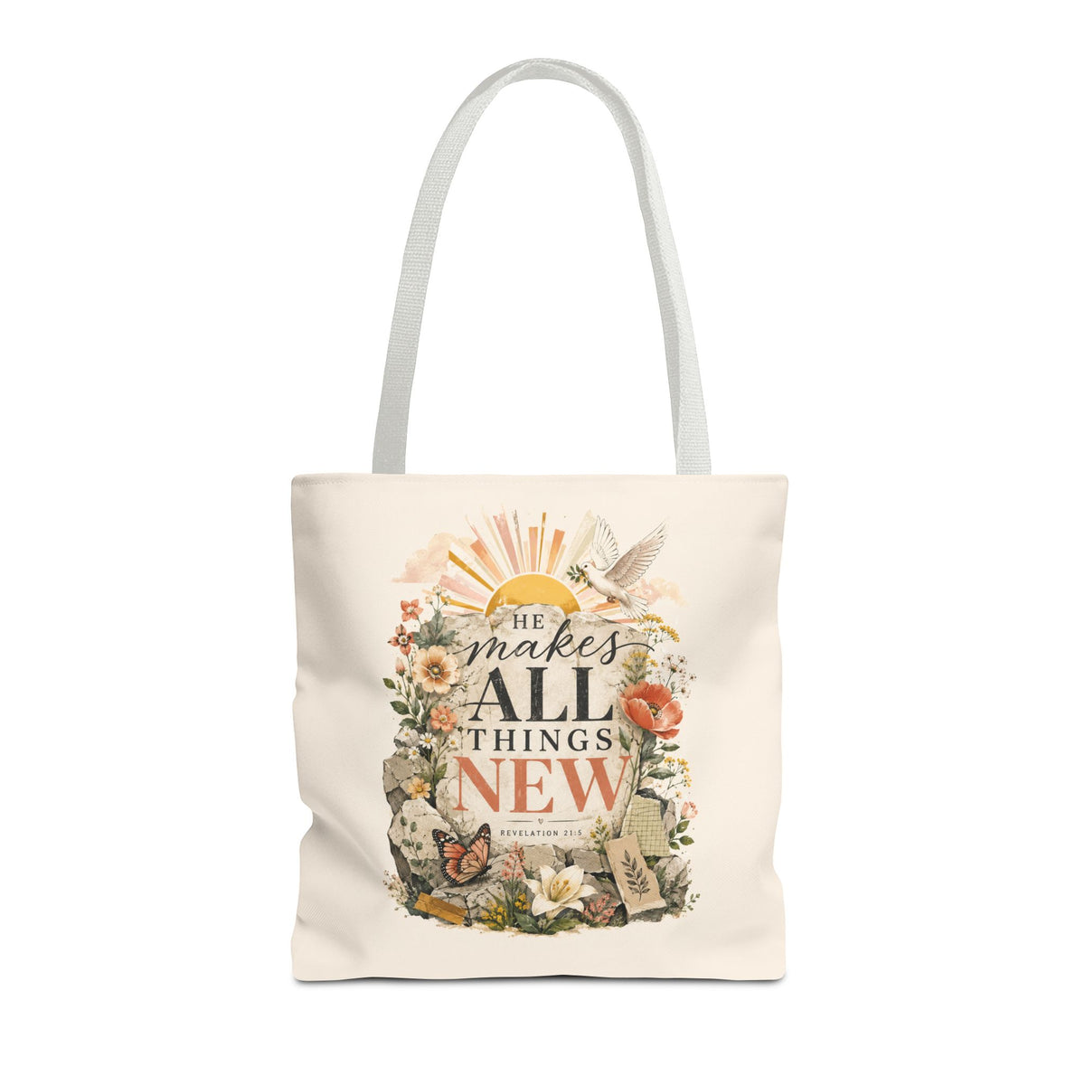 Scriptural Floral Tote Bag — “He Makes All Things New” Inspirational Canvas Tote